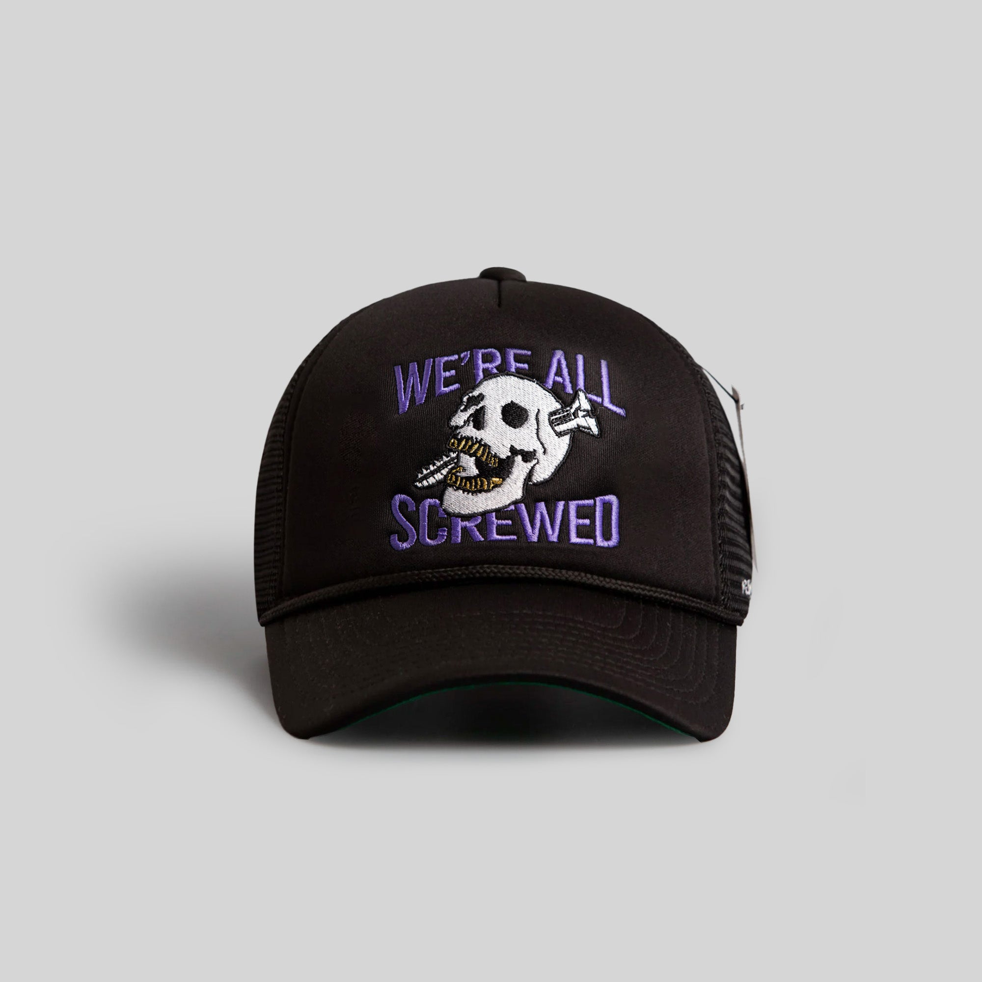 WE'RE ALL SCREWED BLACK TRUCKER HAT