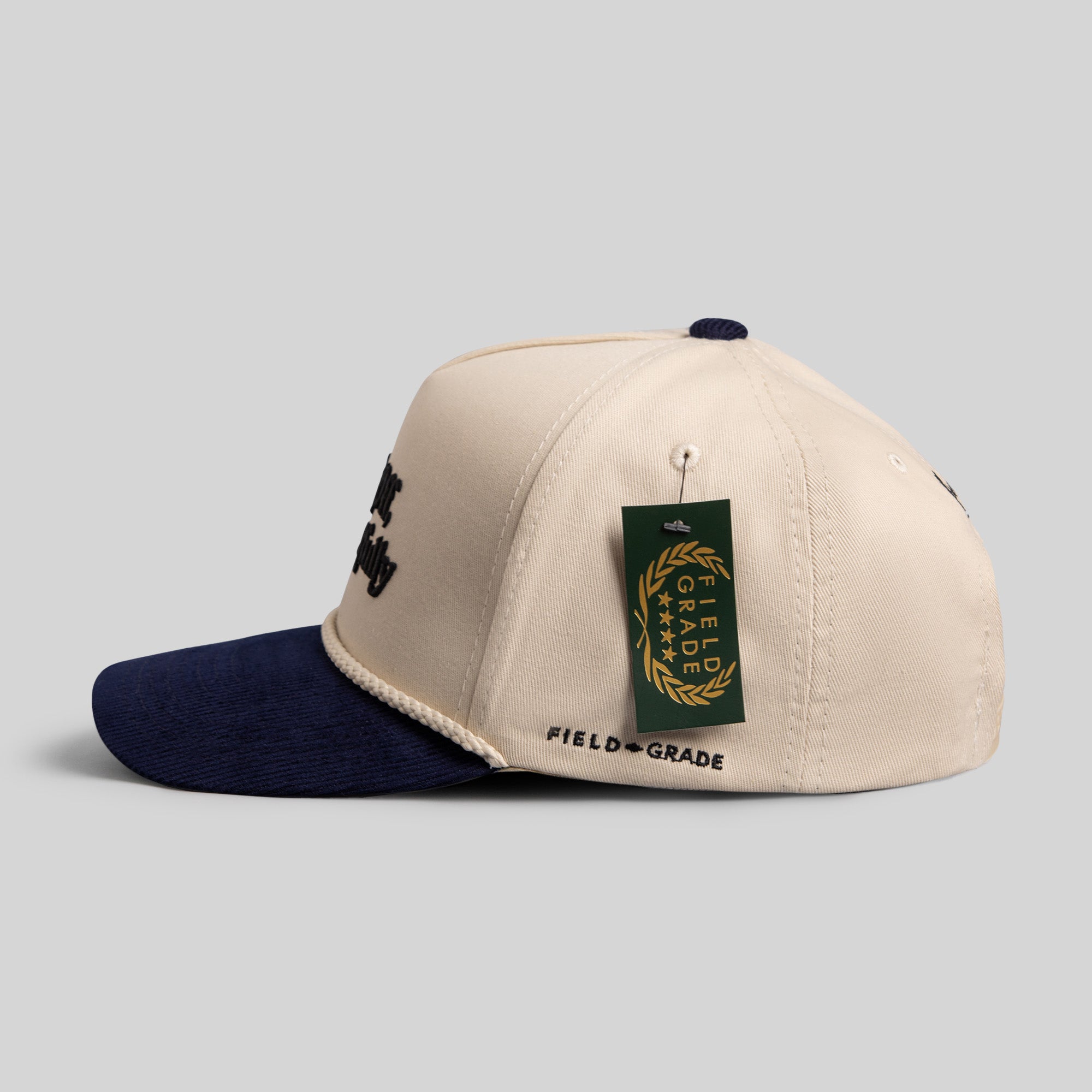 RESPECTFULLY SAND/NAVY CORDUROY BRIM TRUCKER HAT