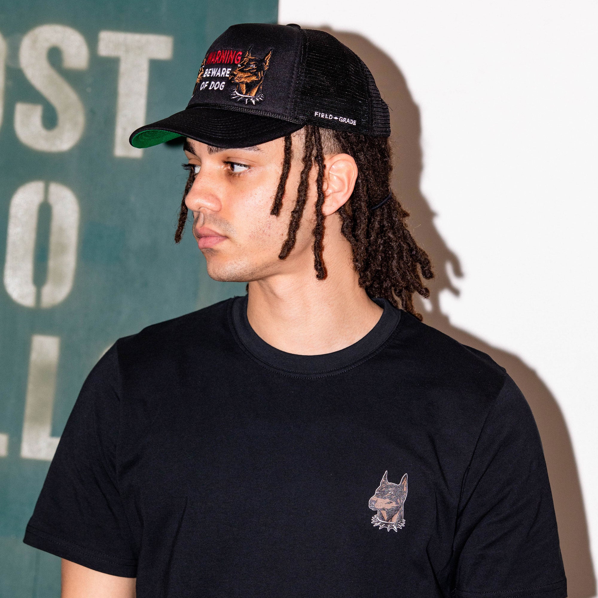 BEWARE OF DOG BLACK TRUCKER HAT