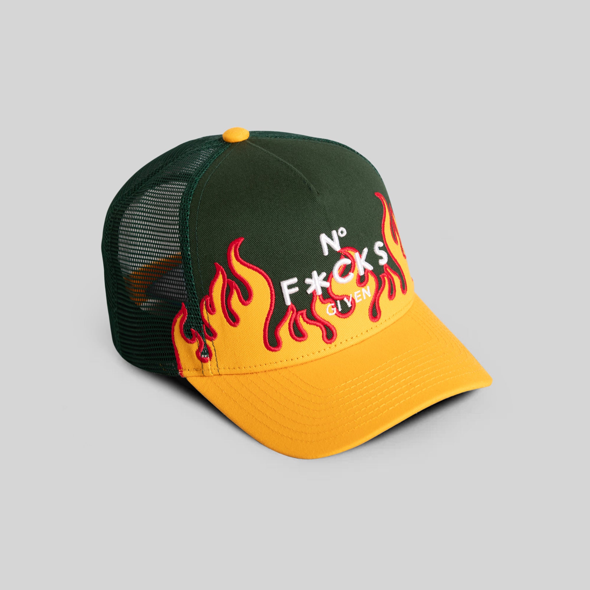 NO F*CKS GIVEN FLAMETOOTH EMERALD ATHLETIC GOLD TWILL MESH TRUCKER