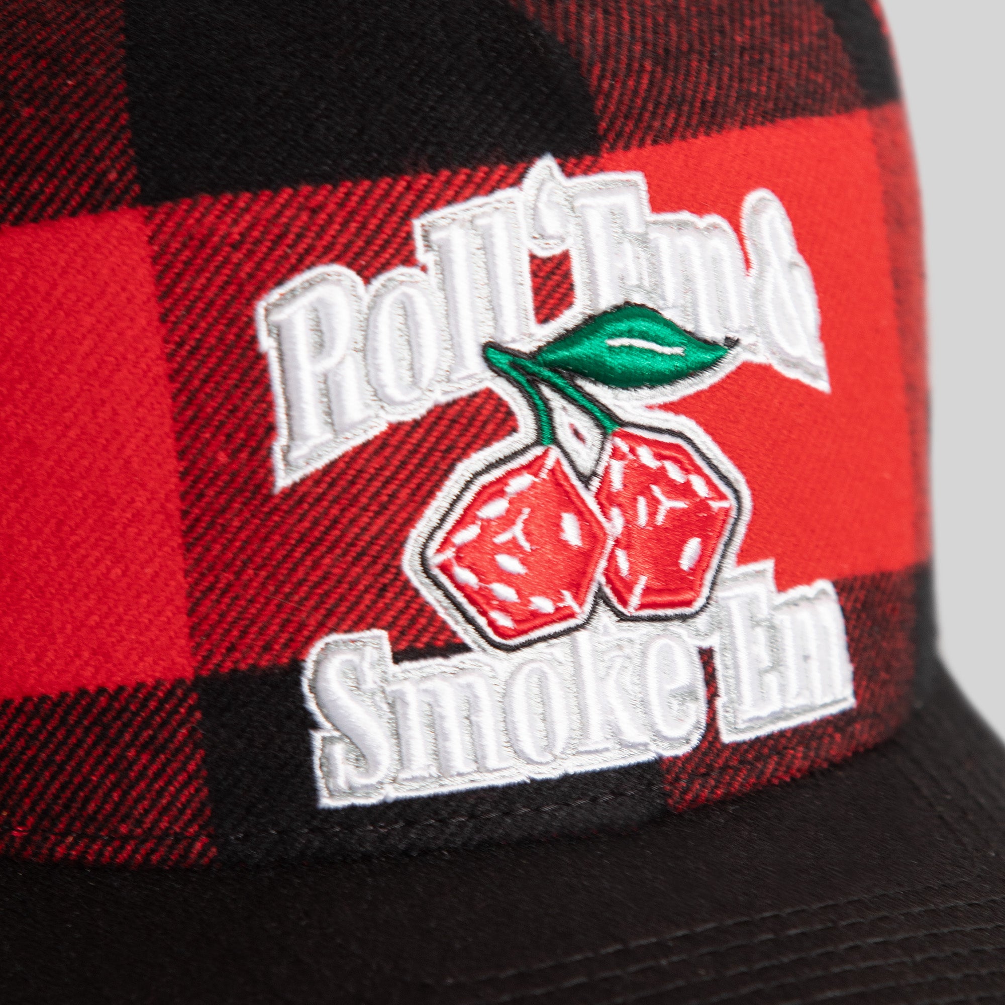 ROLL 'EM & SMOKE 'EM RED BLACK BUFFALO PLAID TRUCKER