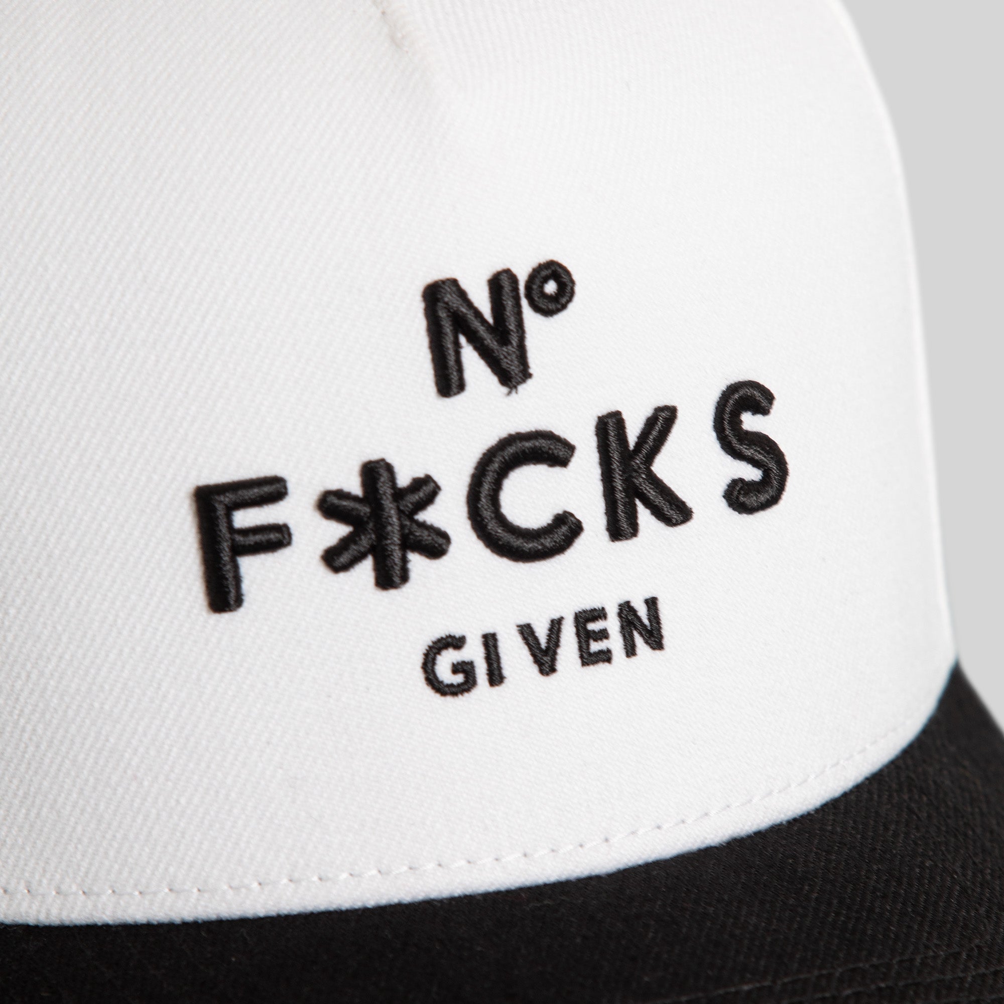 NO F*CKS GIVEN MARIGOLD OFF WHITE BLACK WOOL TRUCKER