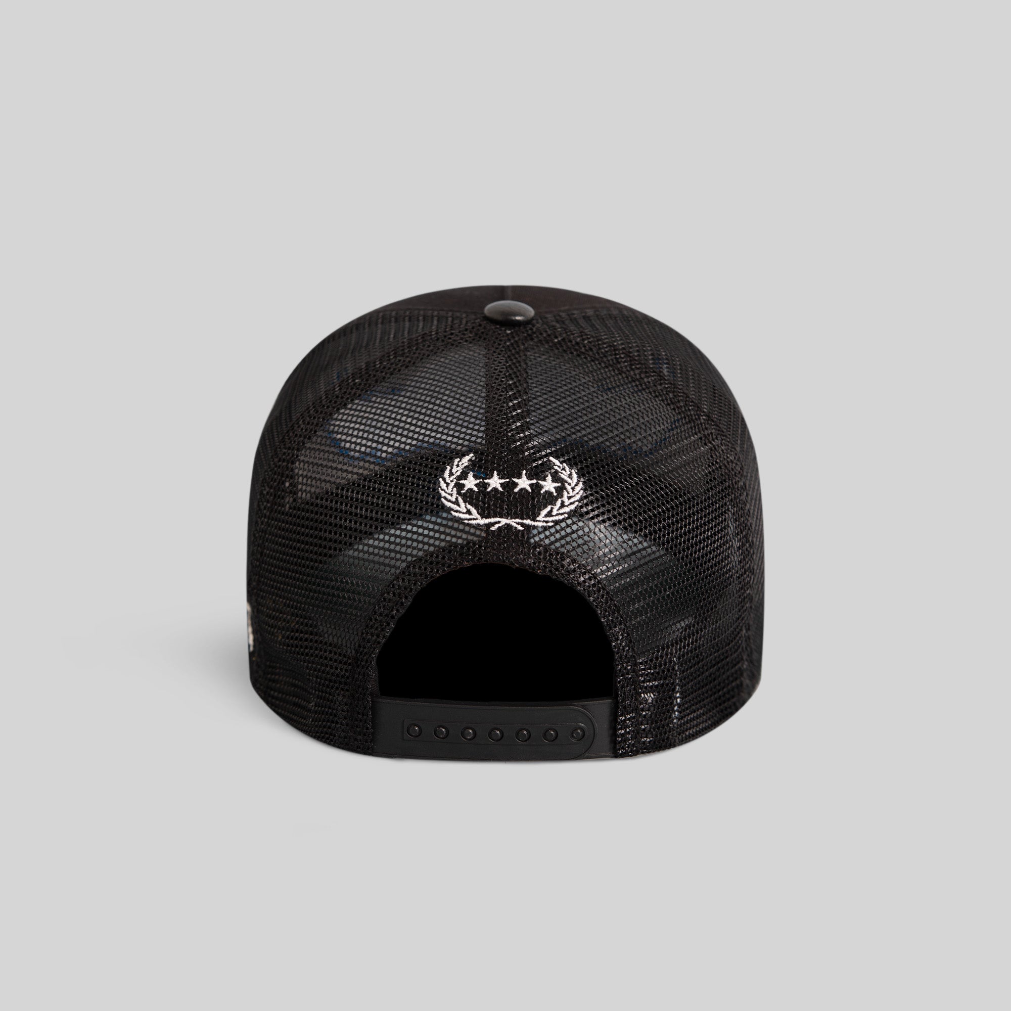 GODS FAVORITE BLACK TWILL CAVIAR LEATHER MESH TRUCKER