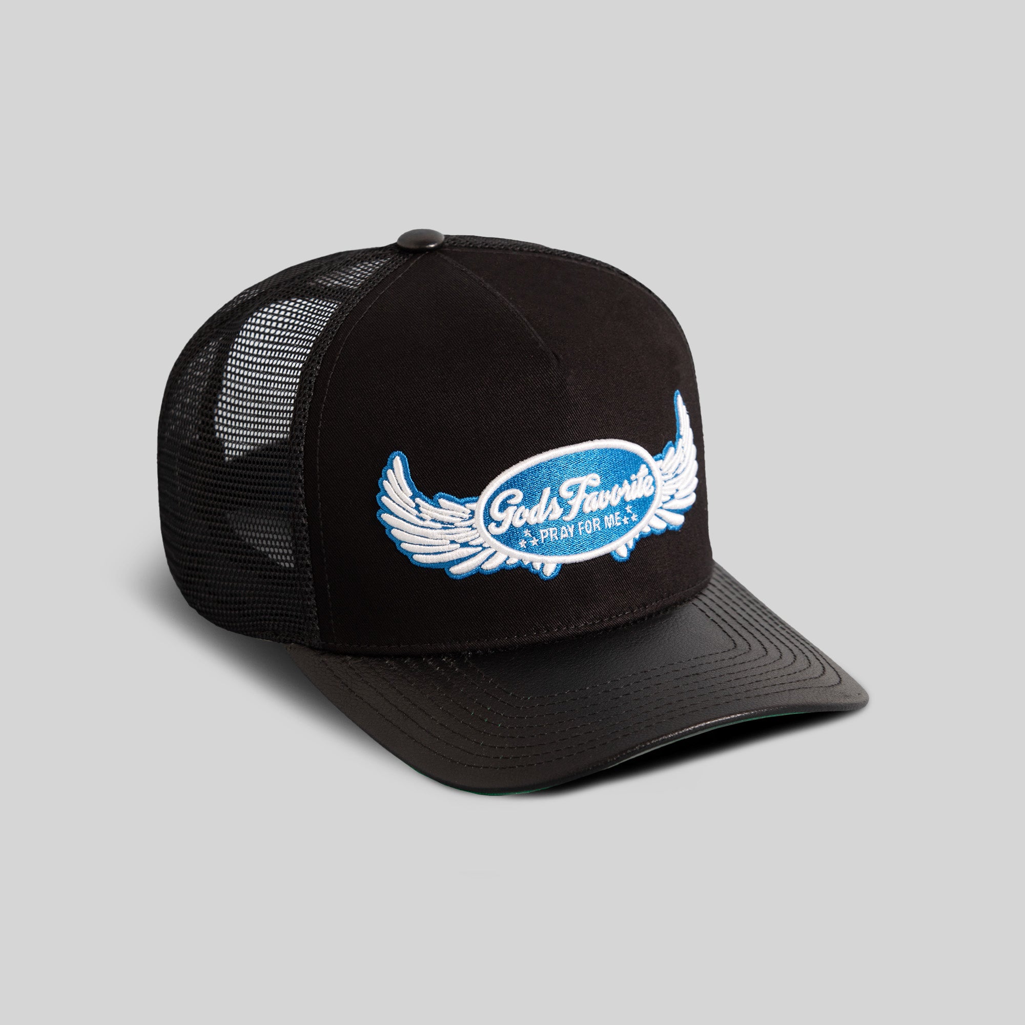 GODS FAVORITE BLACK TWILL CAVIAR LEATHER MESH TRUCKER