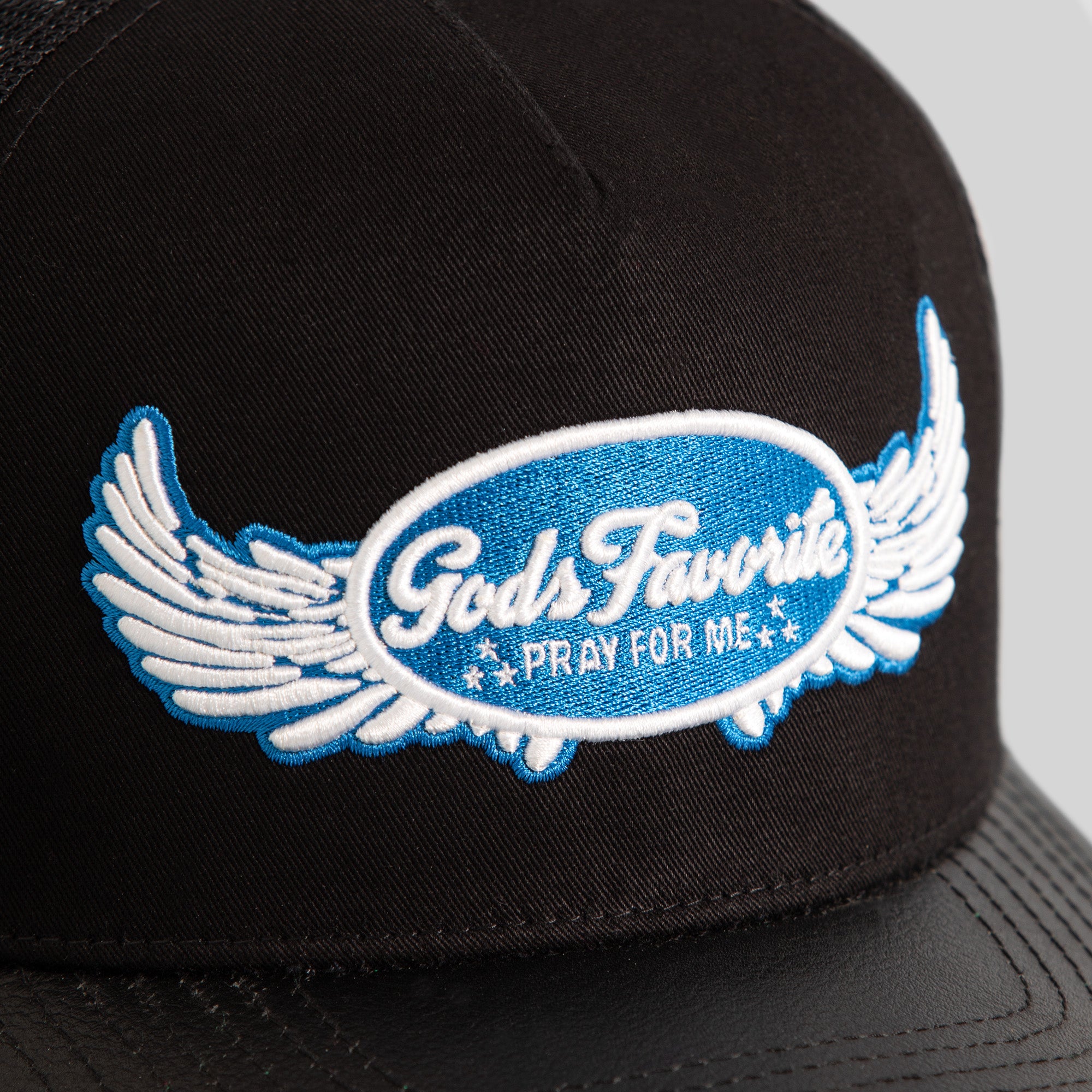 GODS FAVORITE BLACK TWILL CAVIAR LEATHER MESH TRUCKER