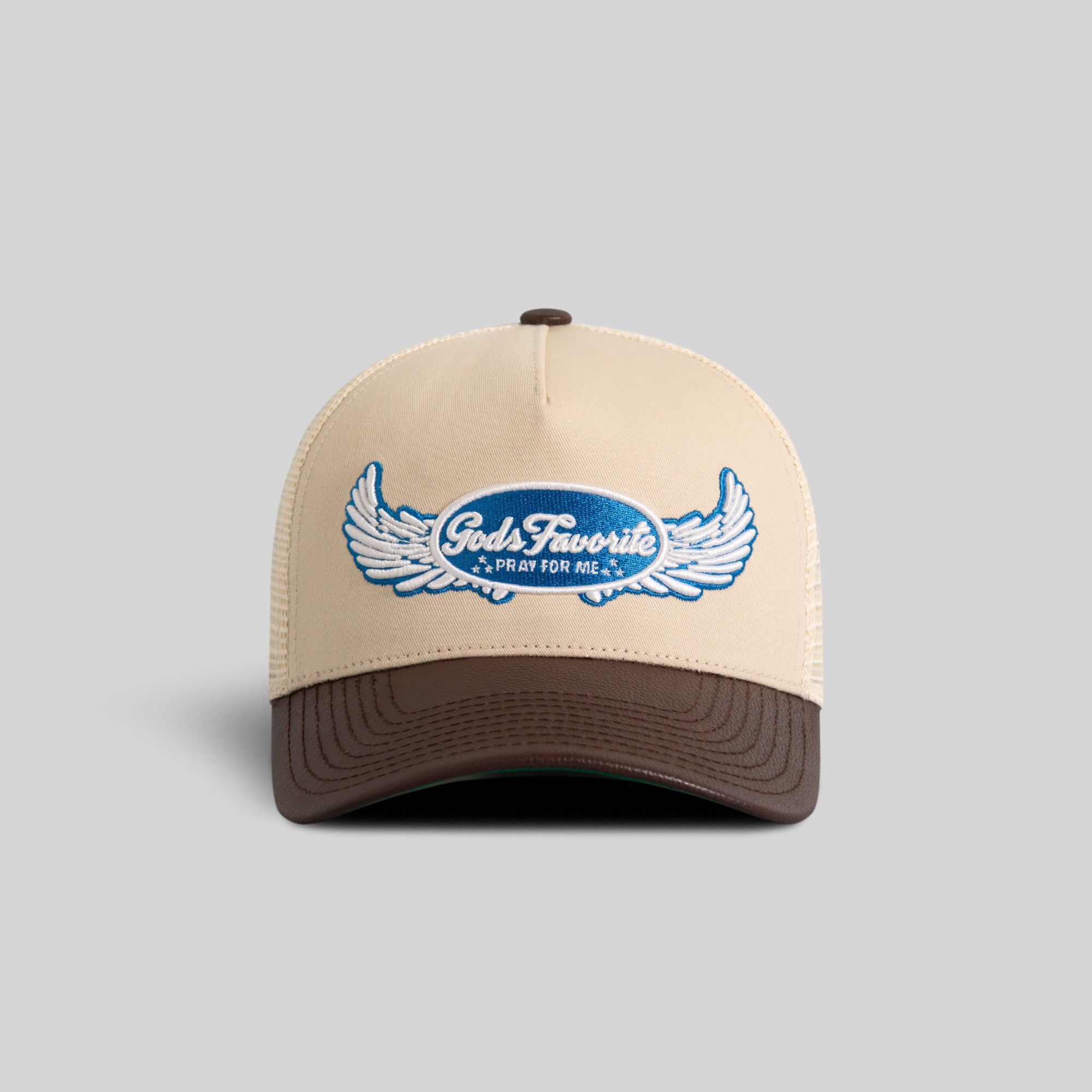 GODS FAVORITE SAND MOCHA TWILL CAVIAR LEATHER MESH TRUCKER