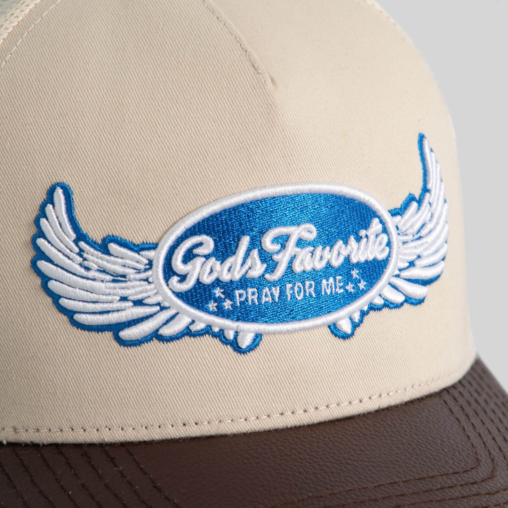 GODS FAVORITE SAND MOCHA TWILL CAVIAR LEATHER MESH TRUCKER