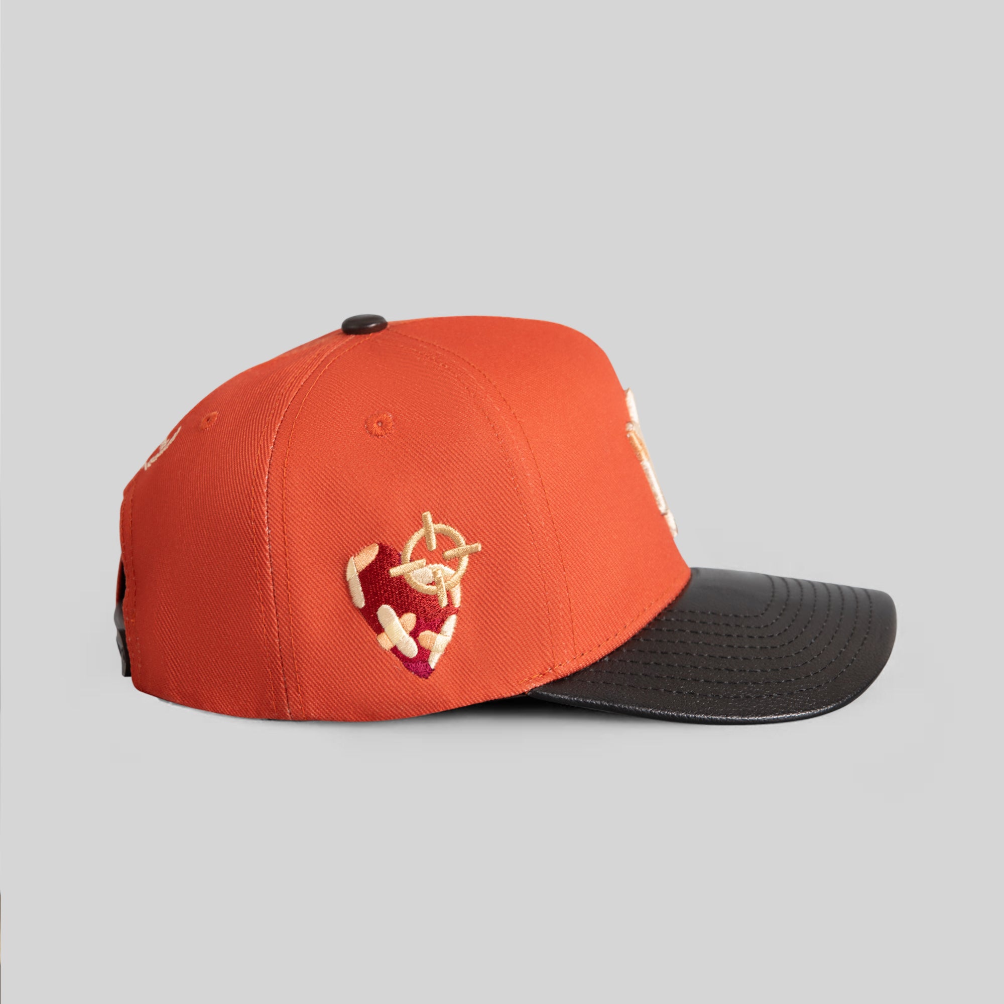 FIELD GRADE X KURVE STUDIO NY IS HEALING BURNT ORANGE BLACK WOOL LEATHER TRUCKER