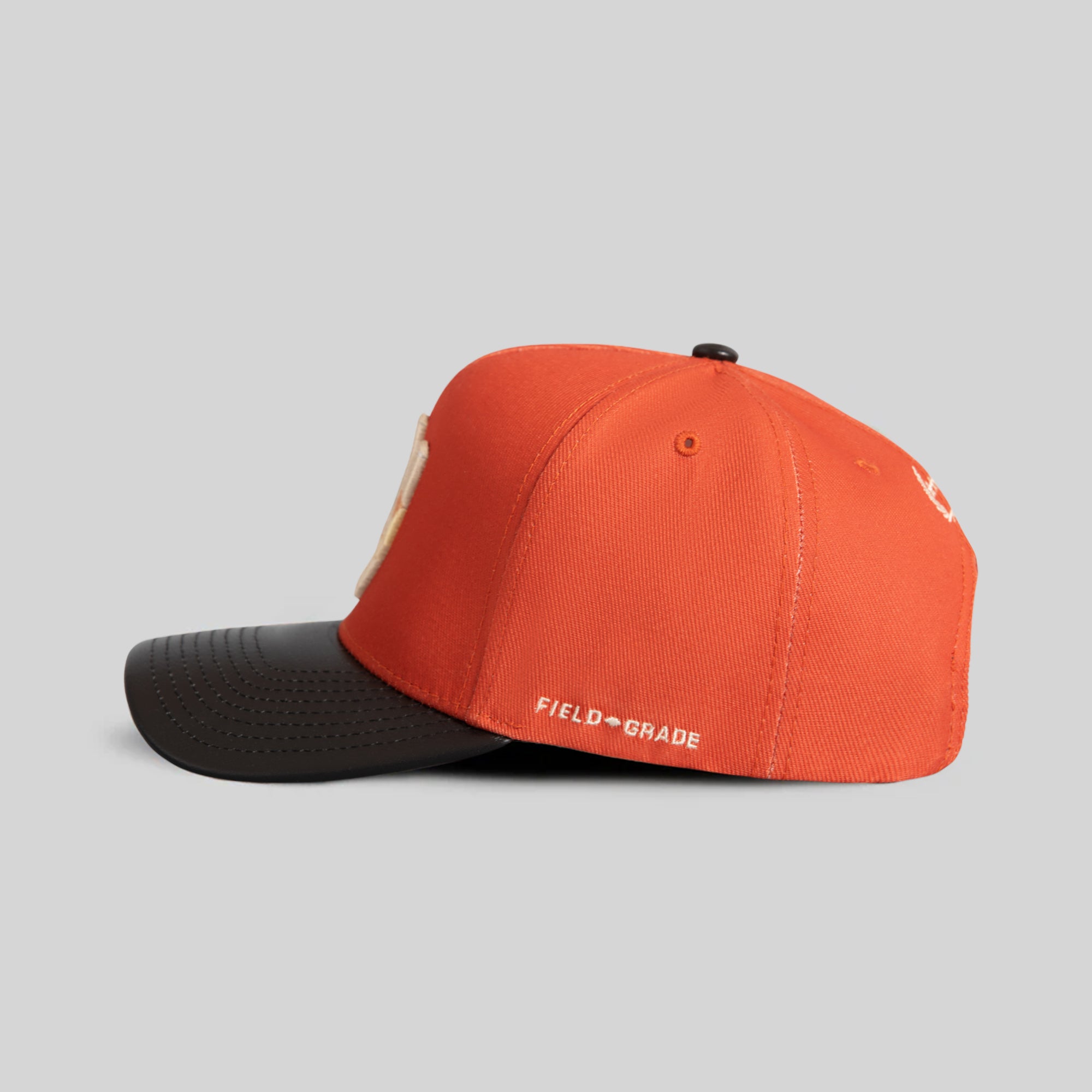 FIELD GRADE X KURVE STUDIO NY IS HEALING BURNT ORANGE BLACK WOOL LEATHER TRUCKER