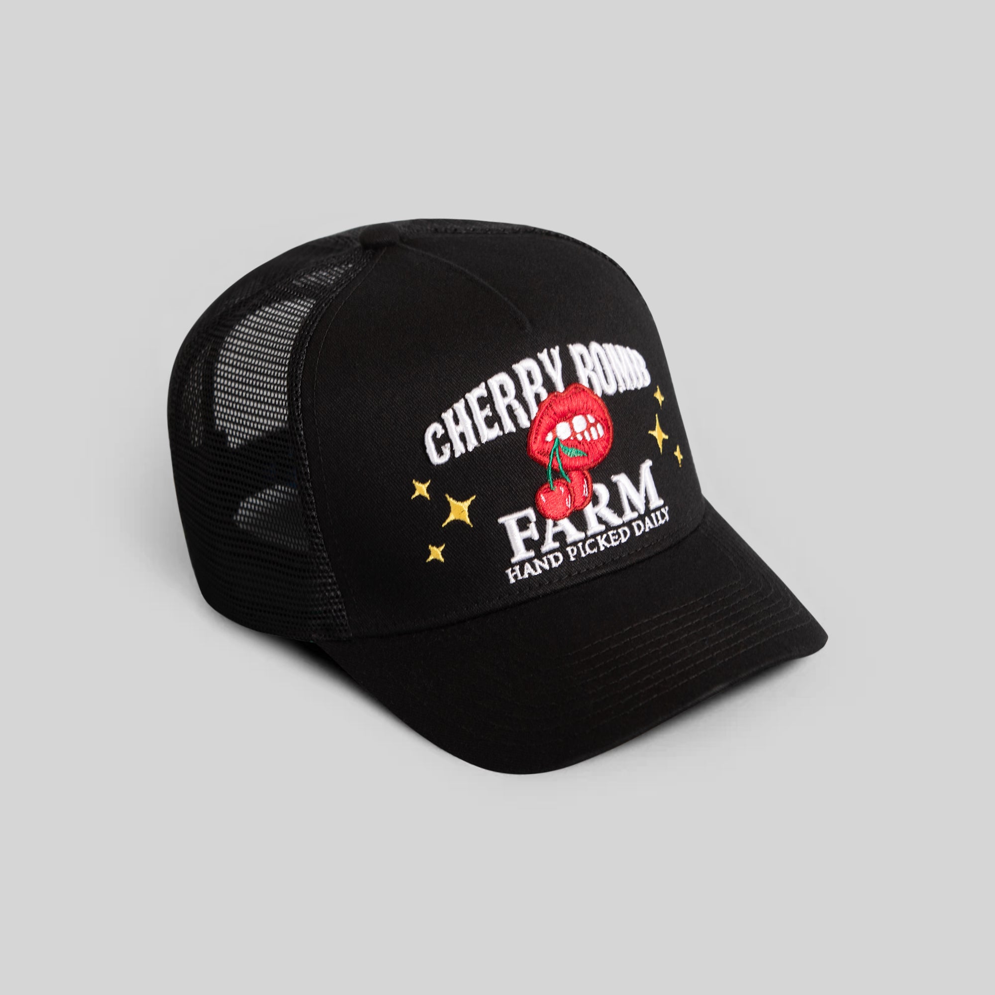 CHERRY BOMB BLACK TWILL MESH TRUCKER
