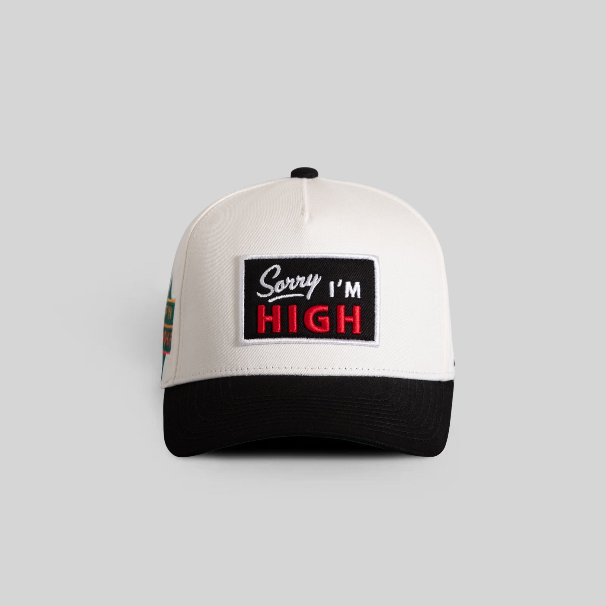 SORRY I'M HIGH EGGSHELL BLACK TWILL TRUCKER