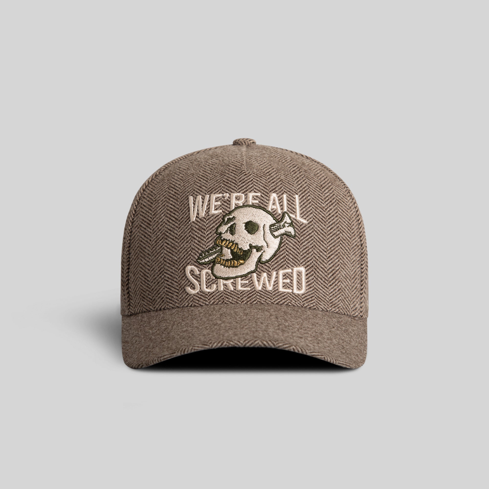 WERE ALL SCREWED HERRINGBONE OLIVE WHITE TRUCKER
