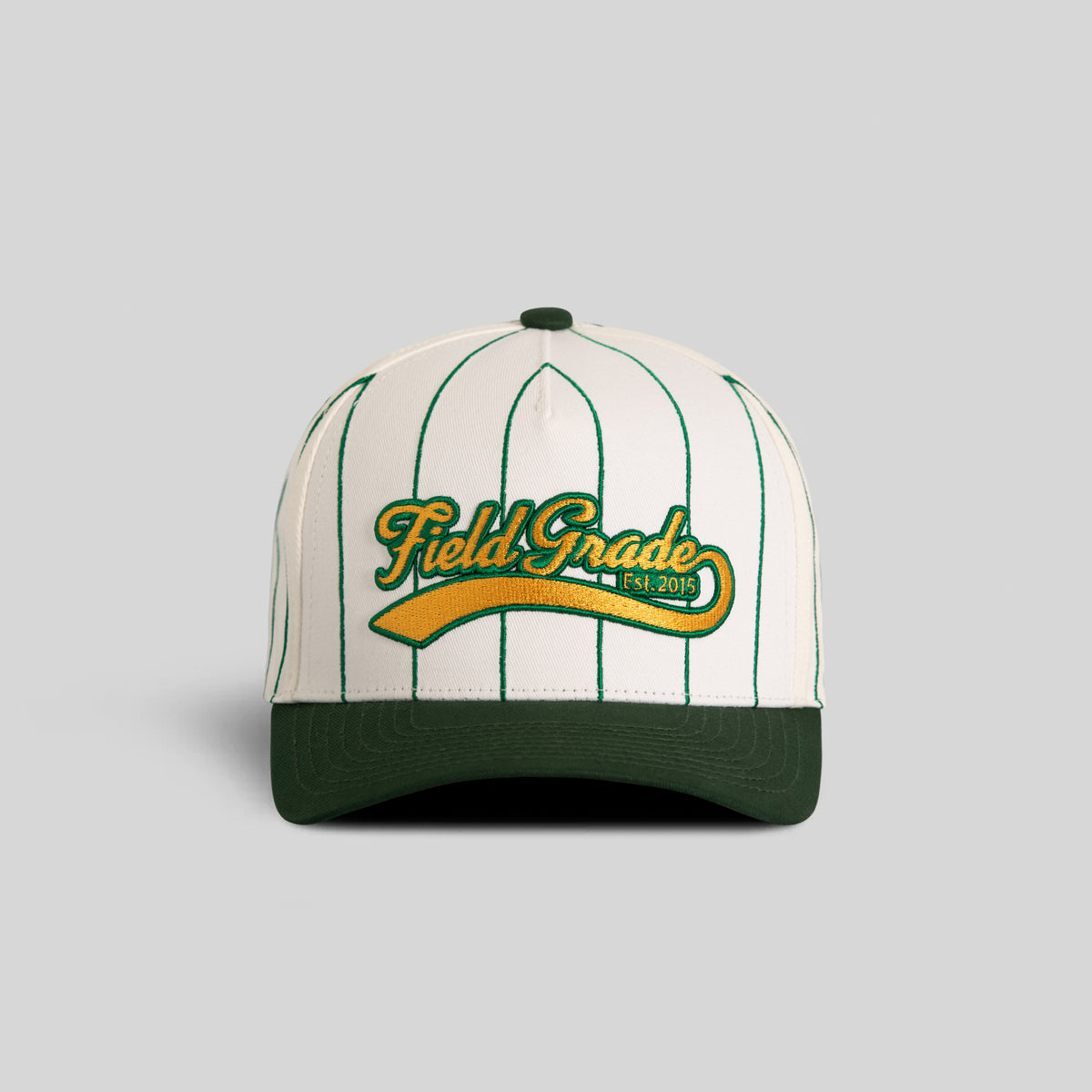 FIELD GRADE COLLEGIATE PINSTRIPE OFF WHITE EMERALD GREEN TWILL TRUCKER