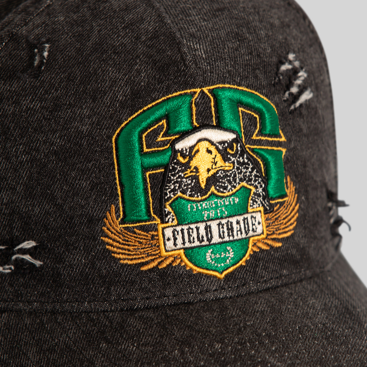 FIELD GRADE ESTABLISHED WASHED BLACK DISTRESSED DENIM TRUCKER
