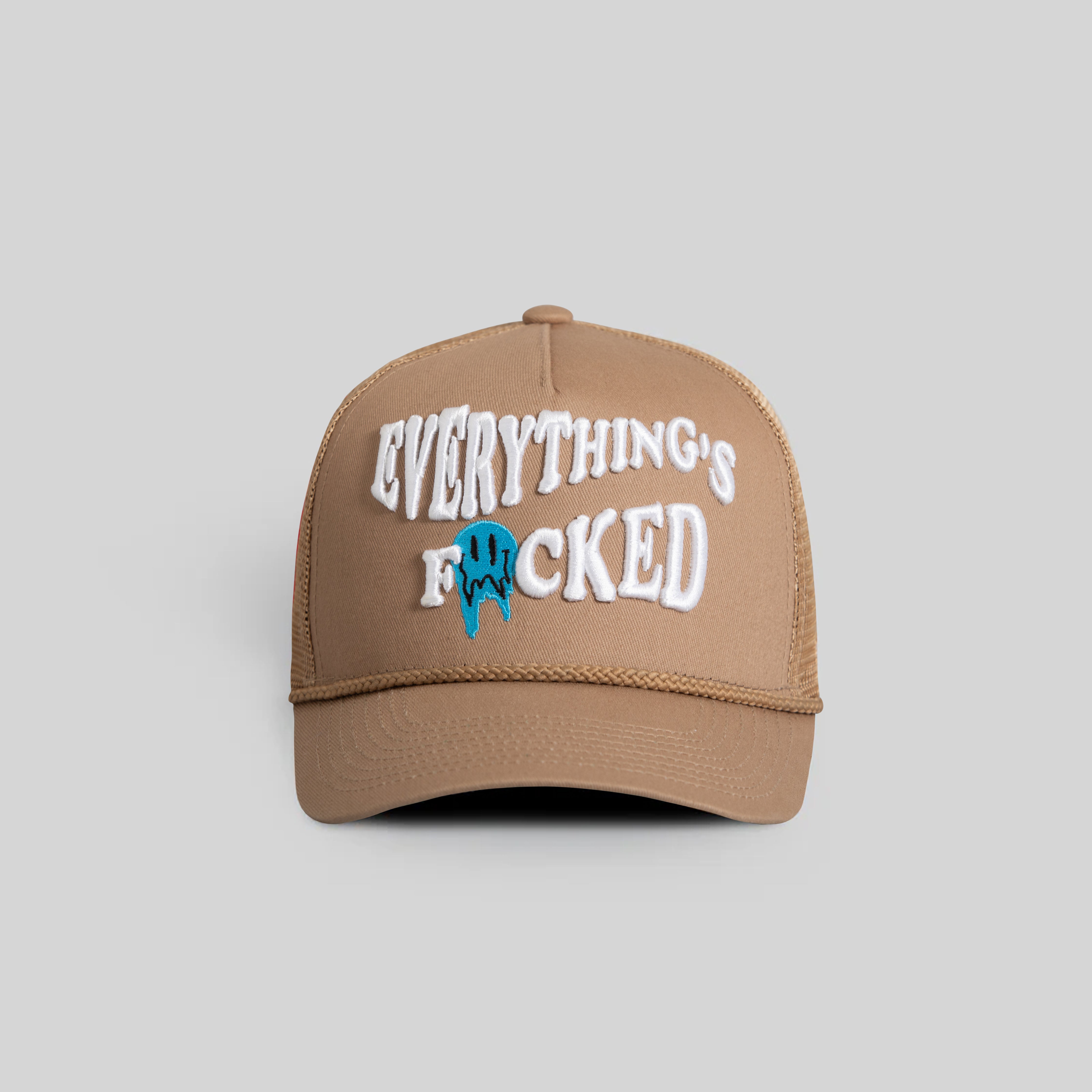 EVERYTHINGS F*CKED ALMOND TWILL MESH TRUCKER