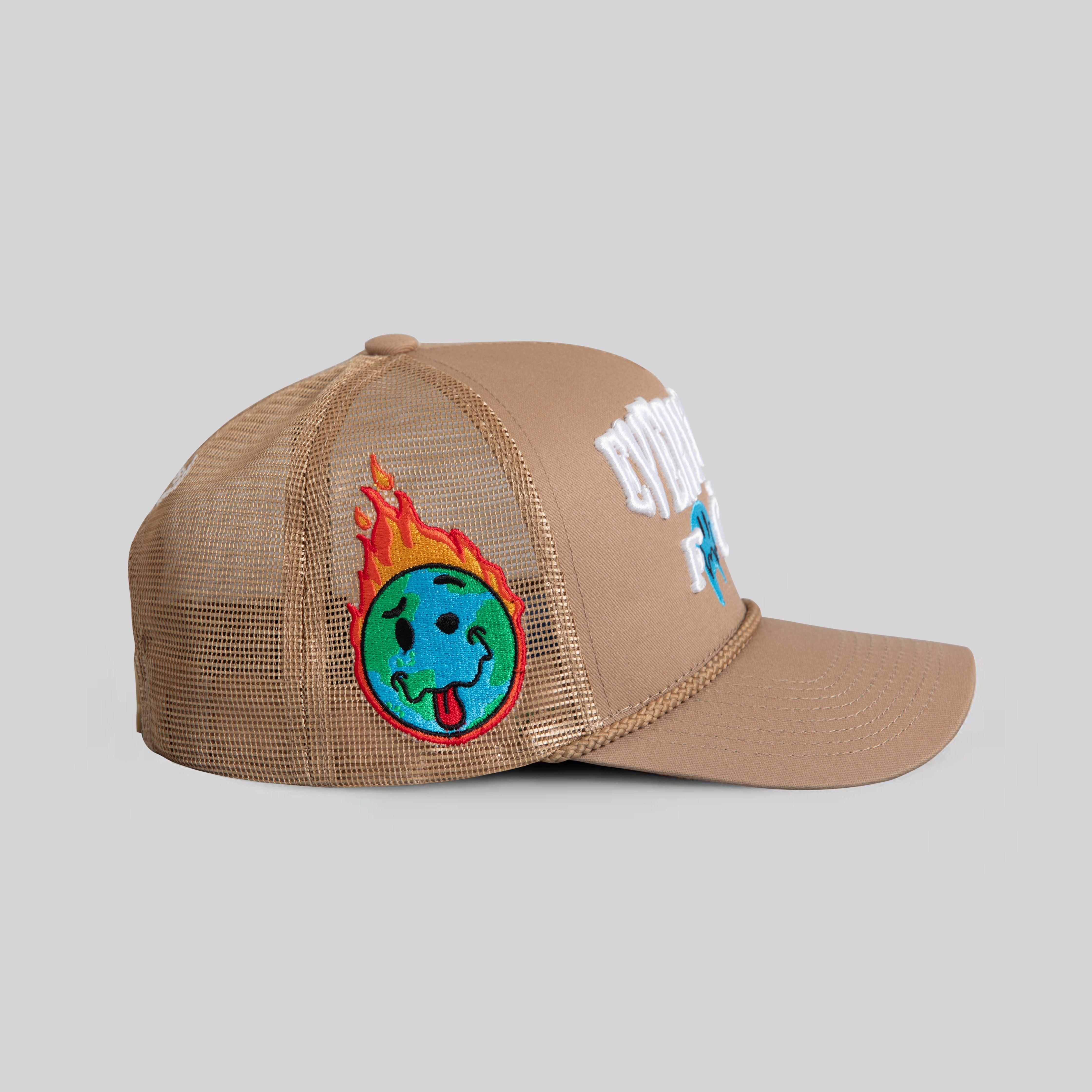 EVERYTHINGS F*CKED ALMOND TWILL MESH TRUCKER
