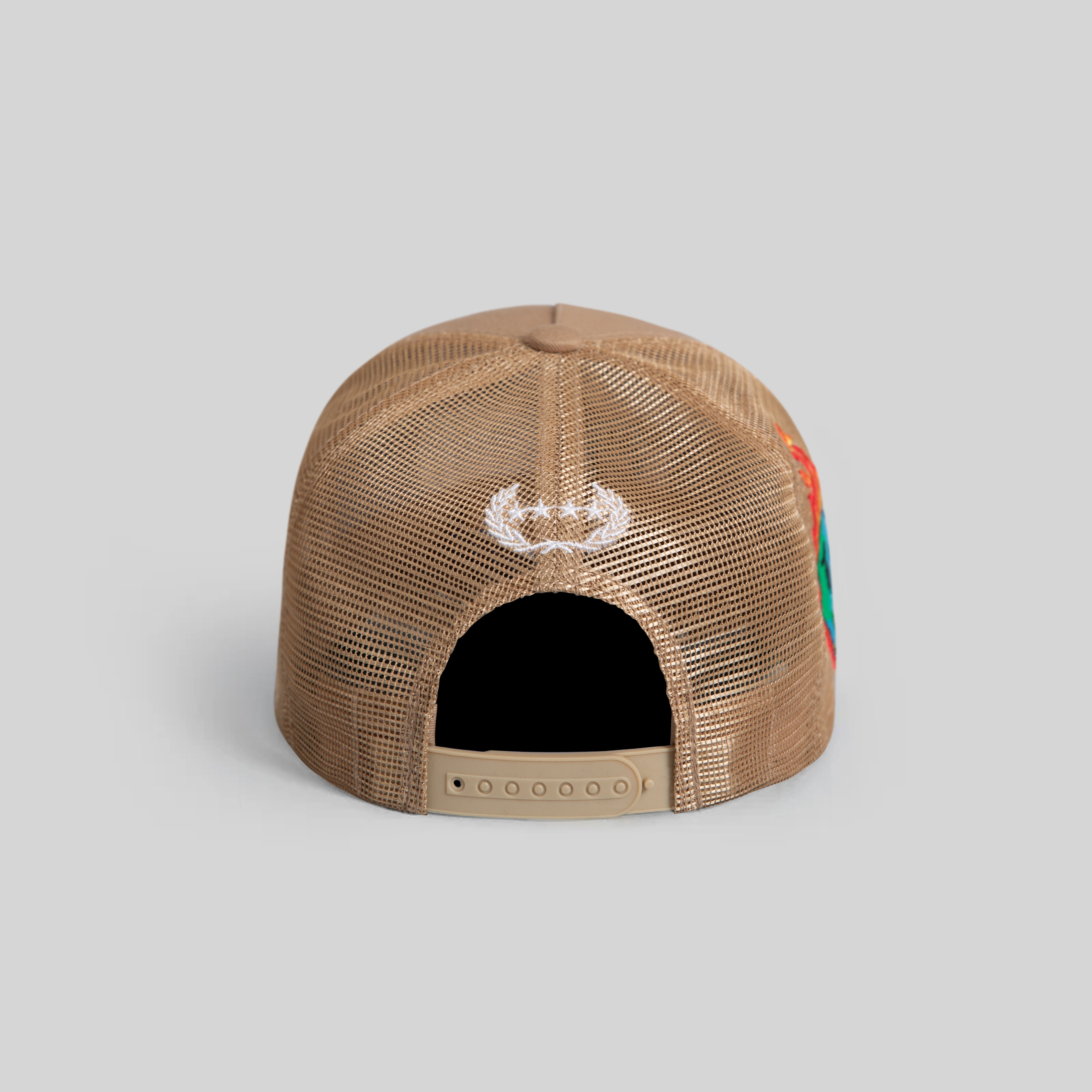 EVERYTHINGS F*CKED ALMOND TWILL MESH TRUCKER