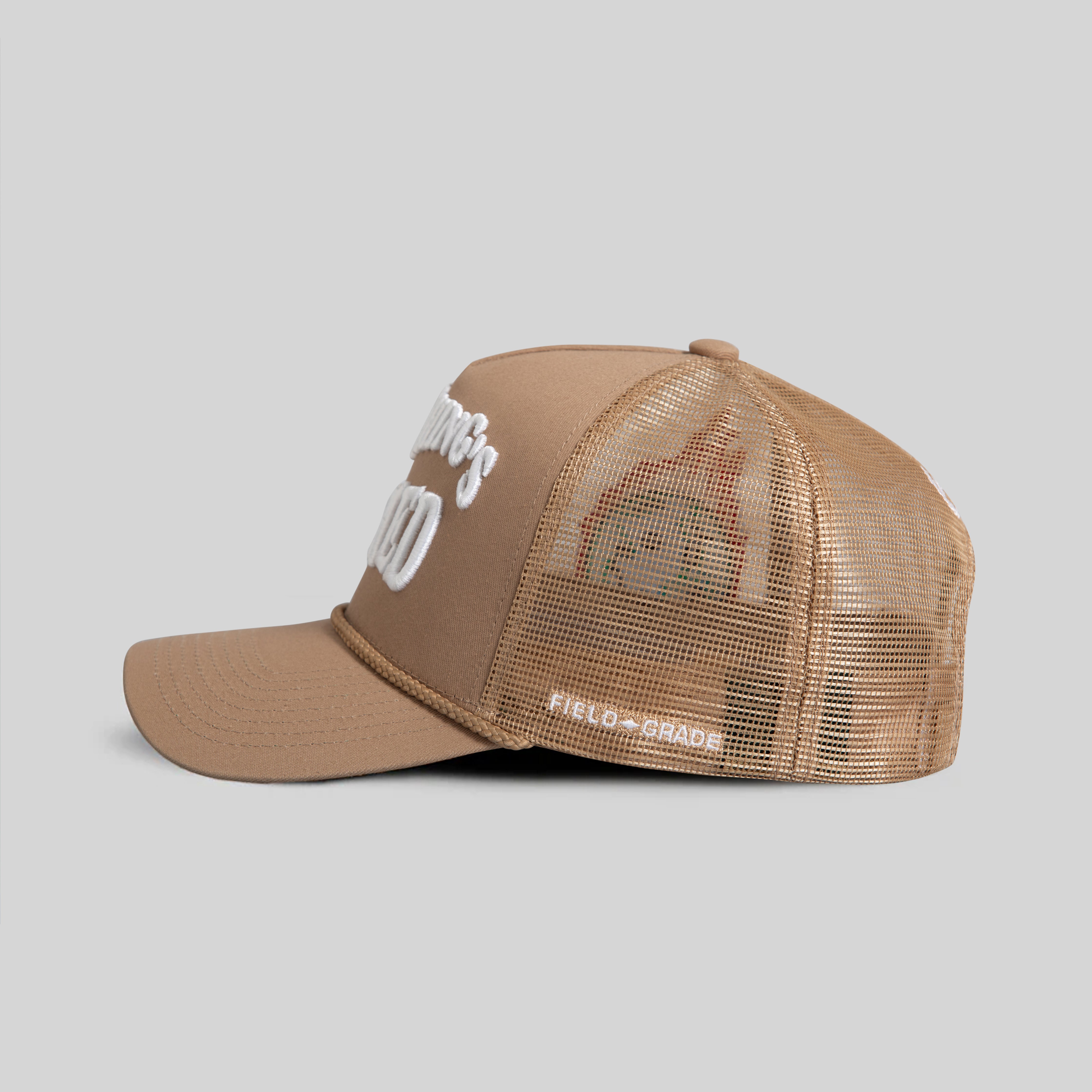 EVERYTHINGS F*CKED ALMOND TWILL MESH TRUCKER