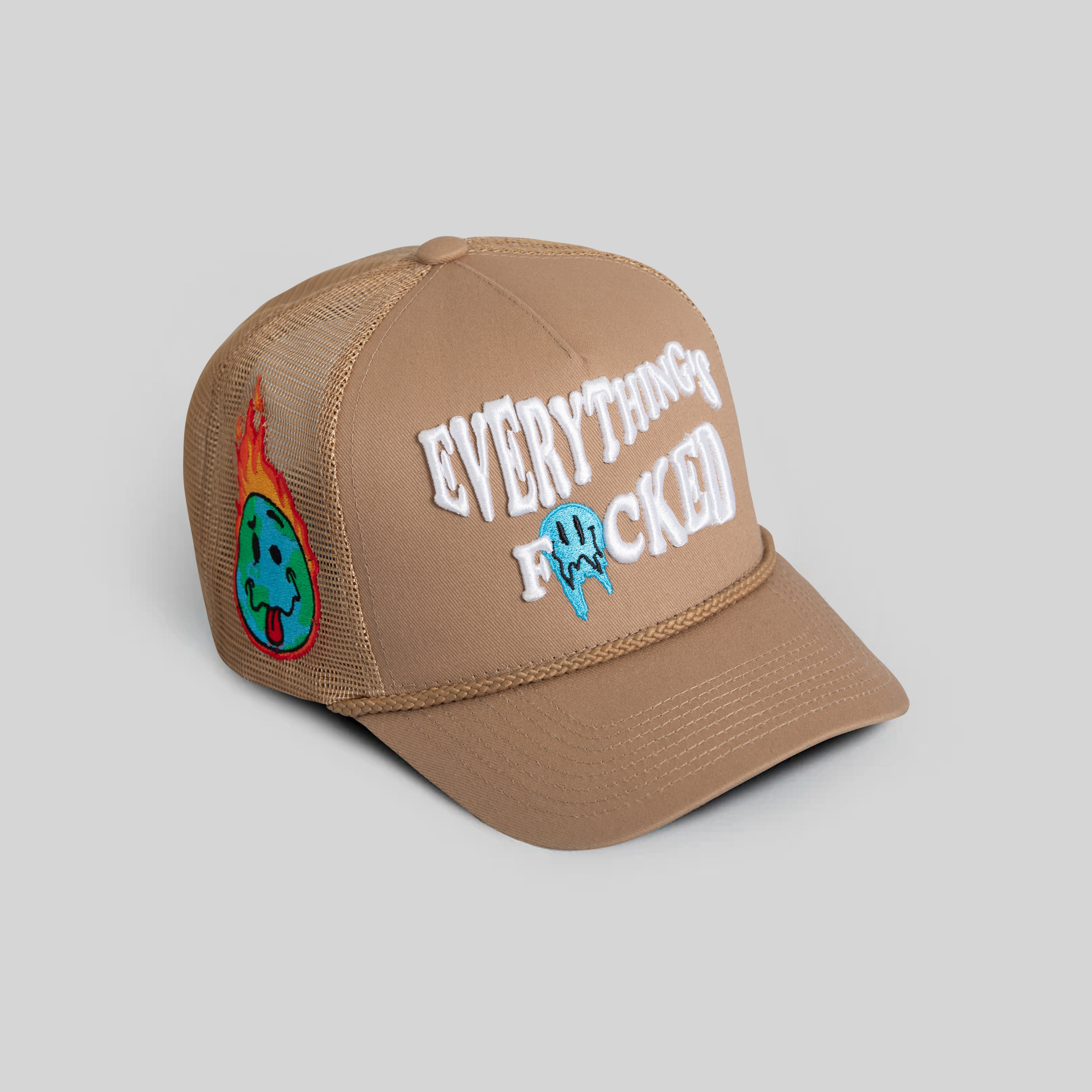 EVERYTHINGS F*CKED ALMOND TWILL MESH TRUCKER