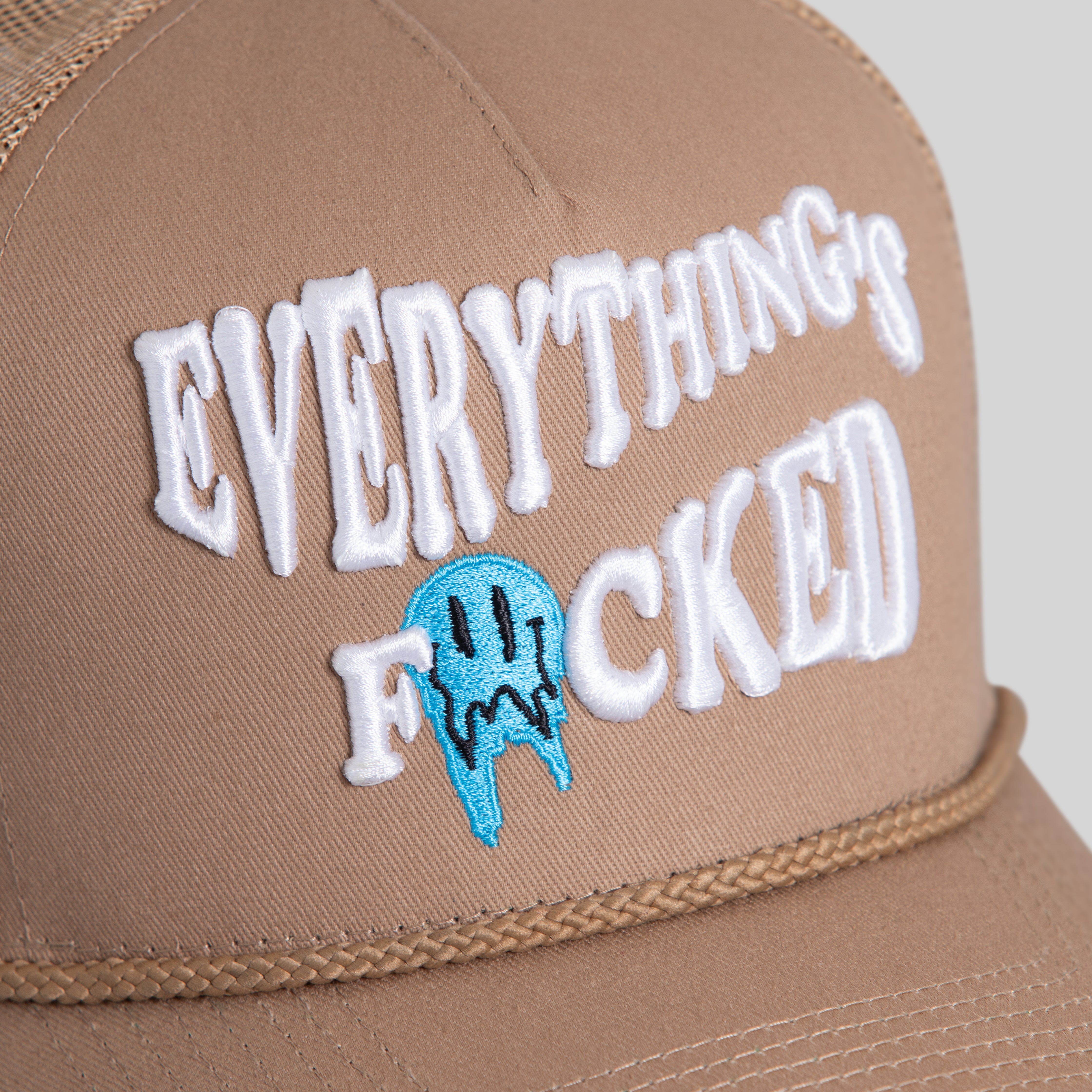 EVERYTHINGS F*CKED ALMOND TWILL MESH TRUCKER