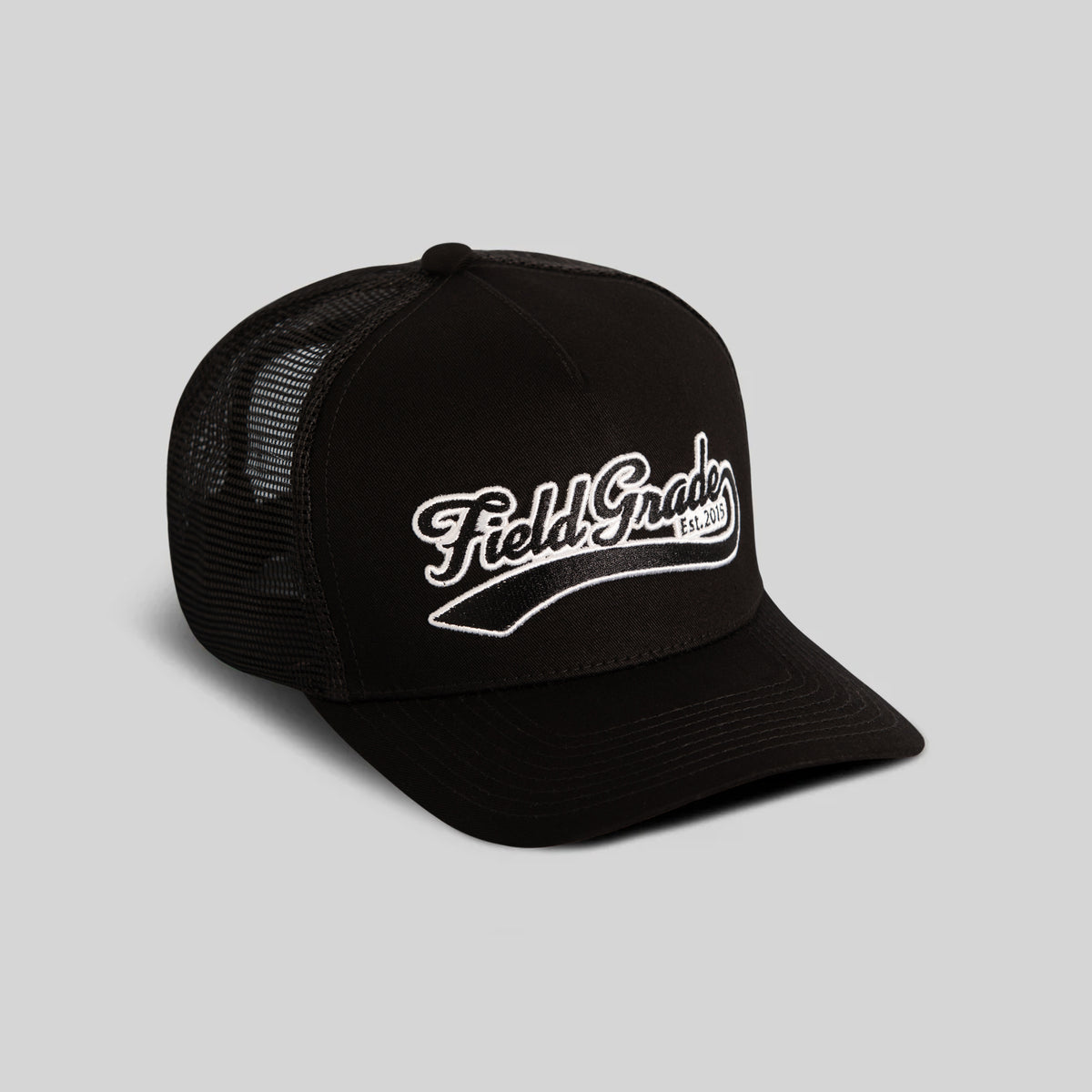 FIELD GRADE COLLEGIATE BLACK TWILL MESH TRUCKER