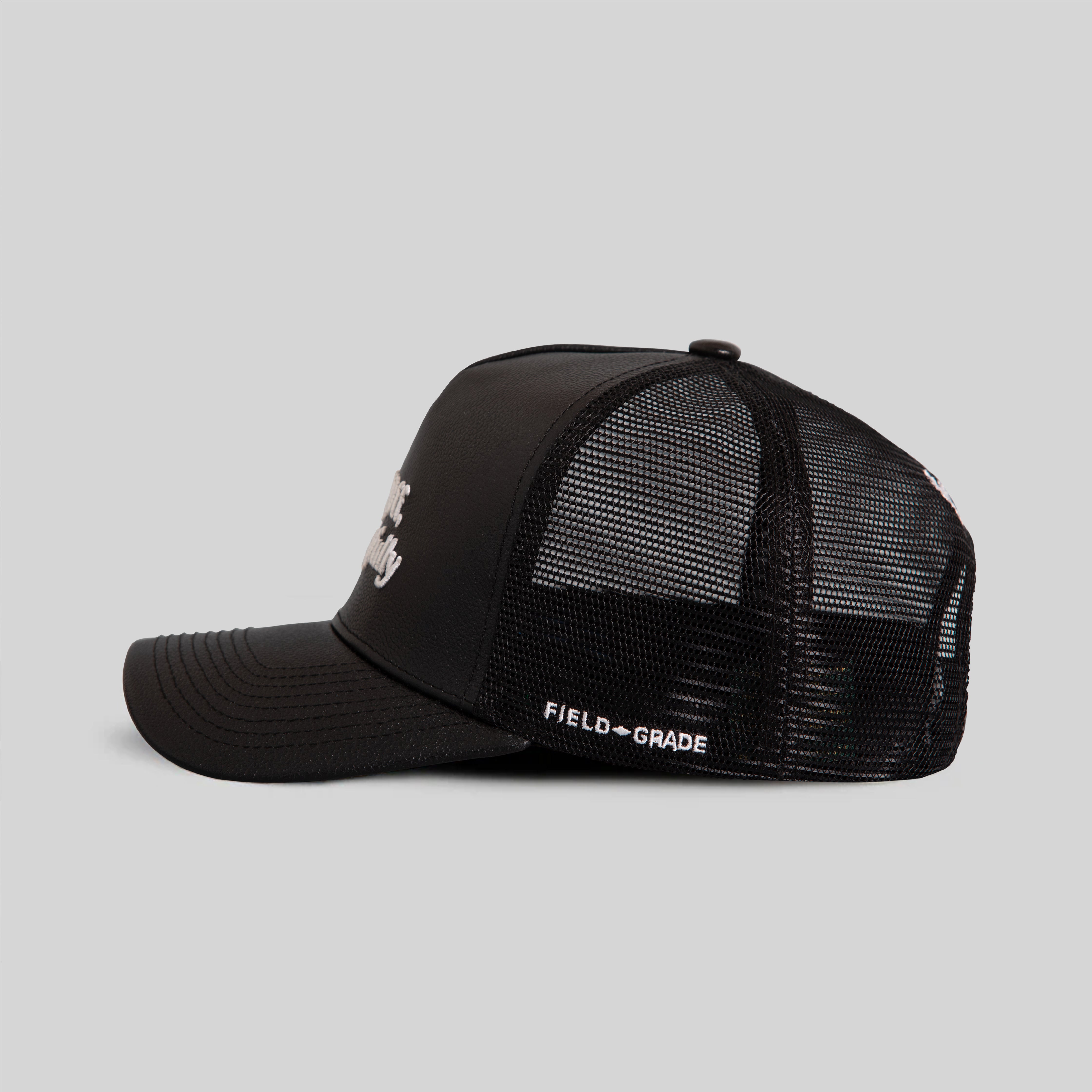 RESPECTFULLY BLACK CAVIAR LEATHER MESH TRUCKER