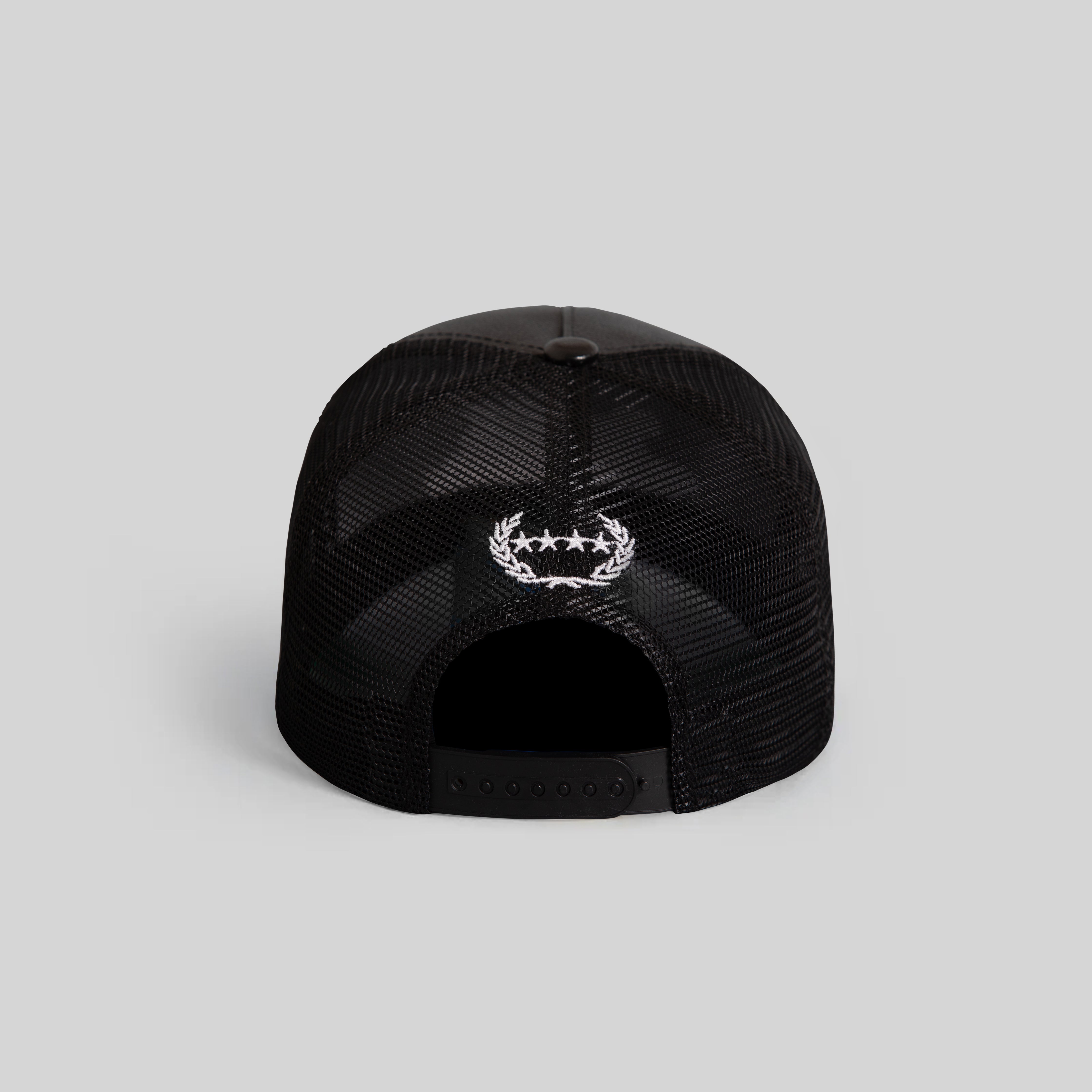 RESPECTFULLY BLACK CAVIAR LEATHER MESH TRUCKER