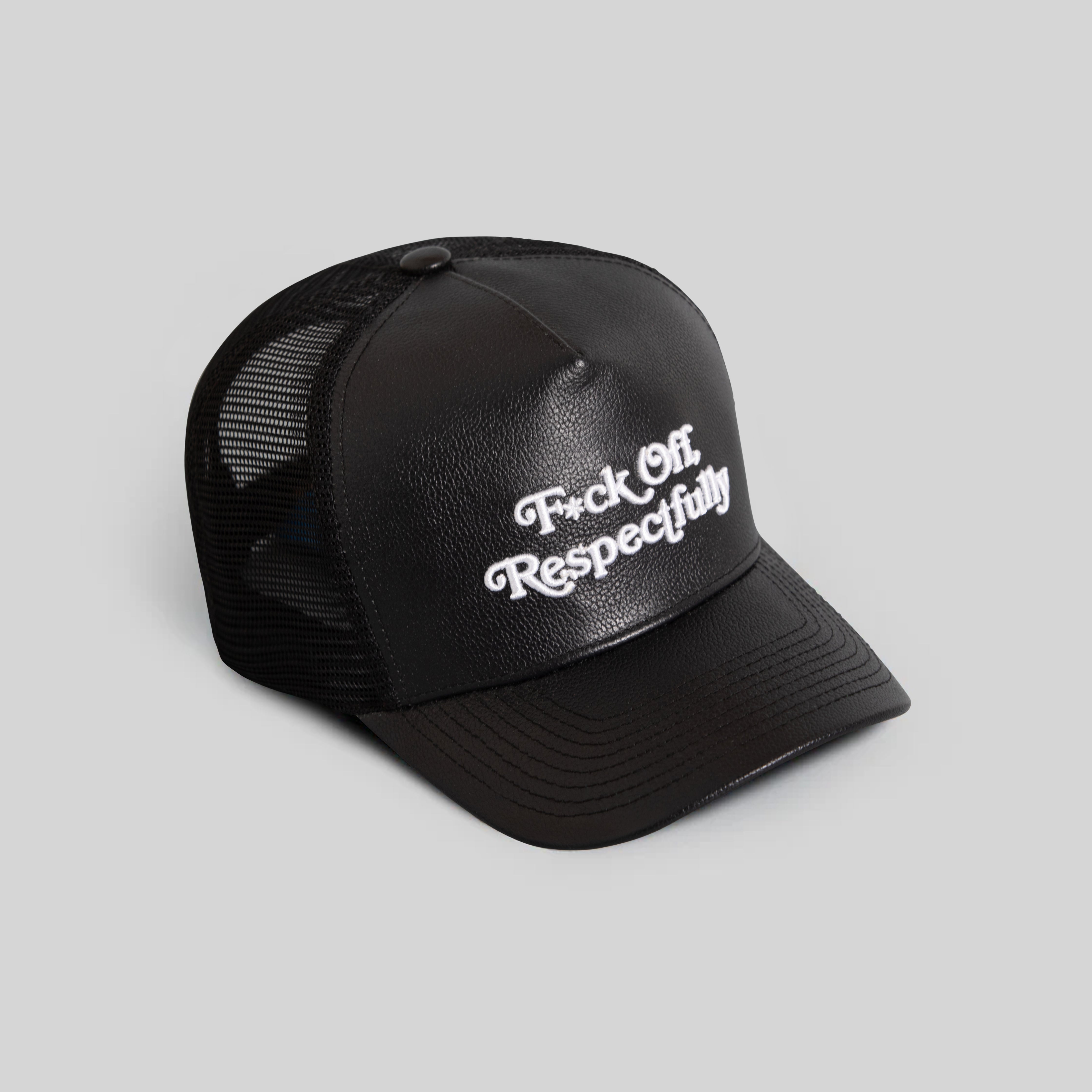 RESPECTFULLY BLACK CAVIAR LEATHER MESH TRUCKER