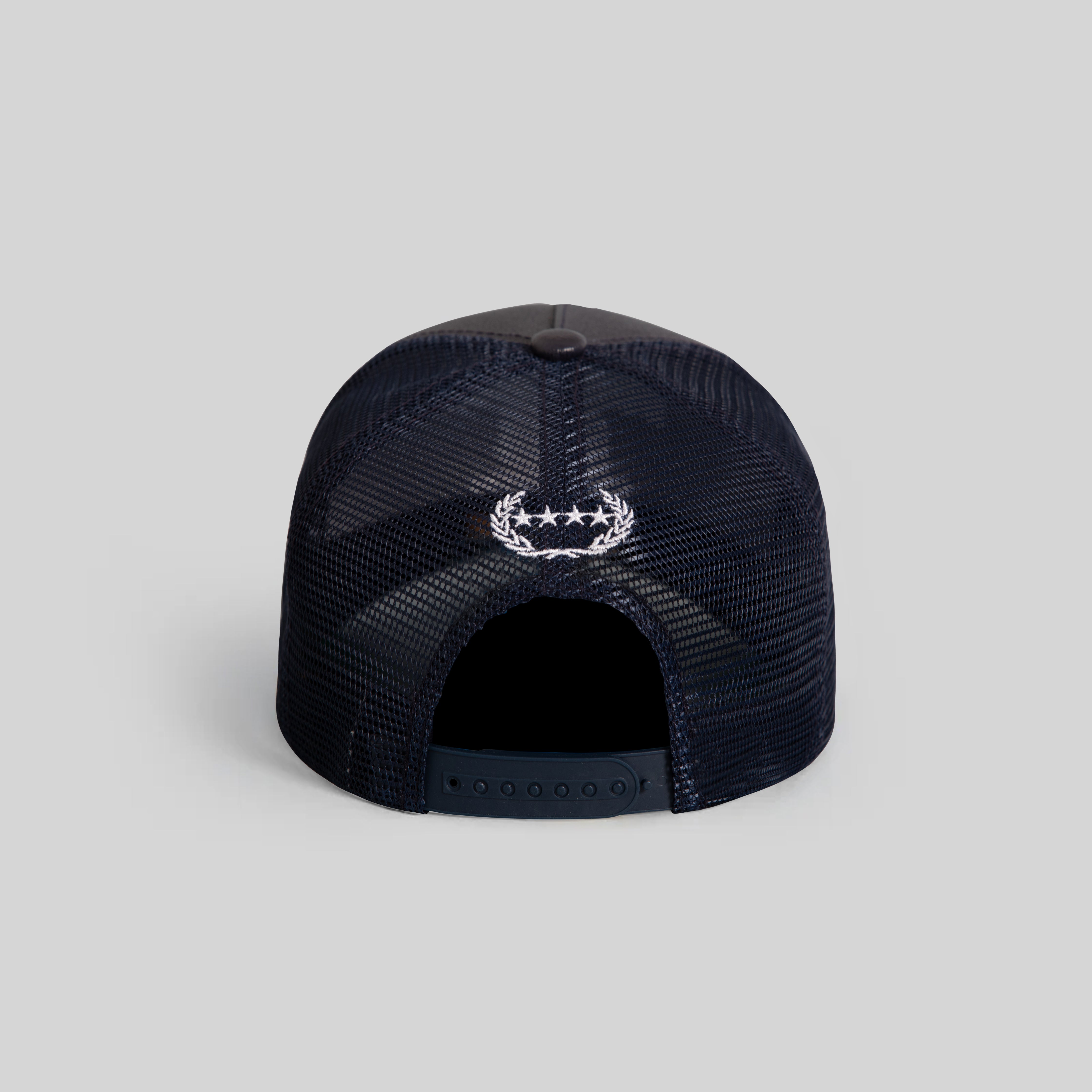 DON'T ASK DEEP NAVY CAVIAR LEATHER MESH TRUCKER