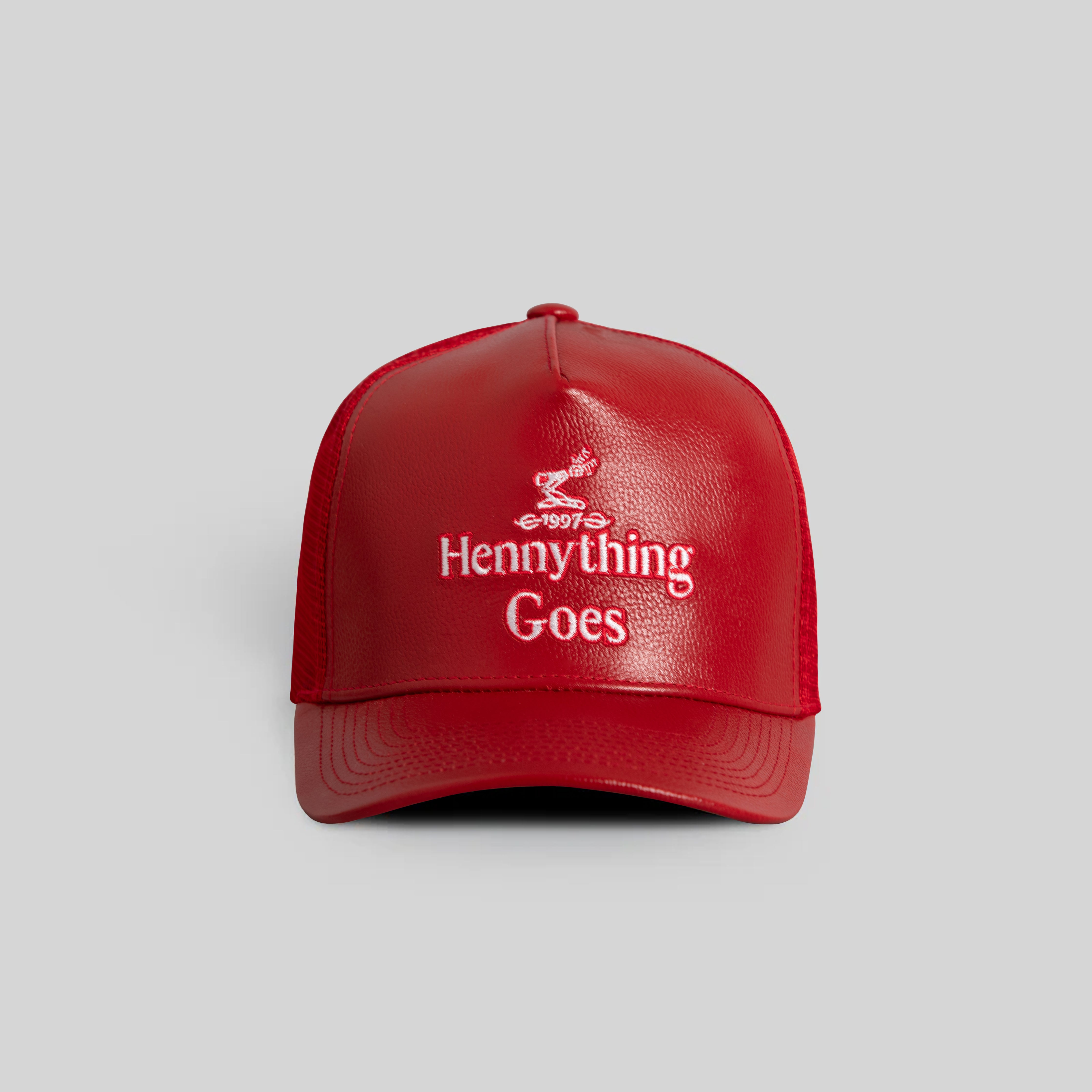 HENNYTHING GOES VARSITY RED CAVIAR LEATHER MESH TRUCKER