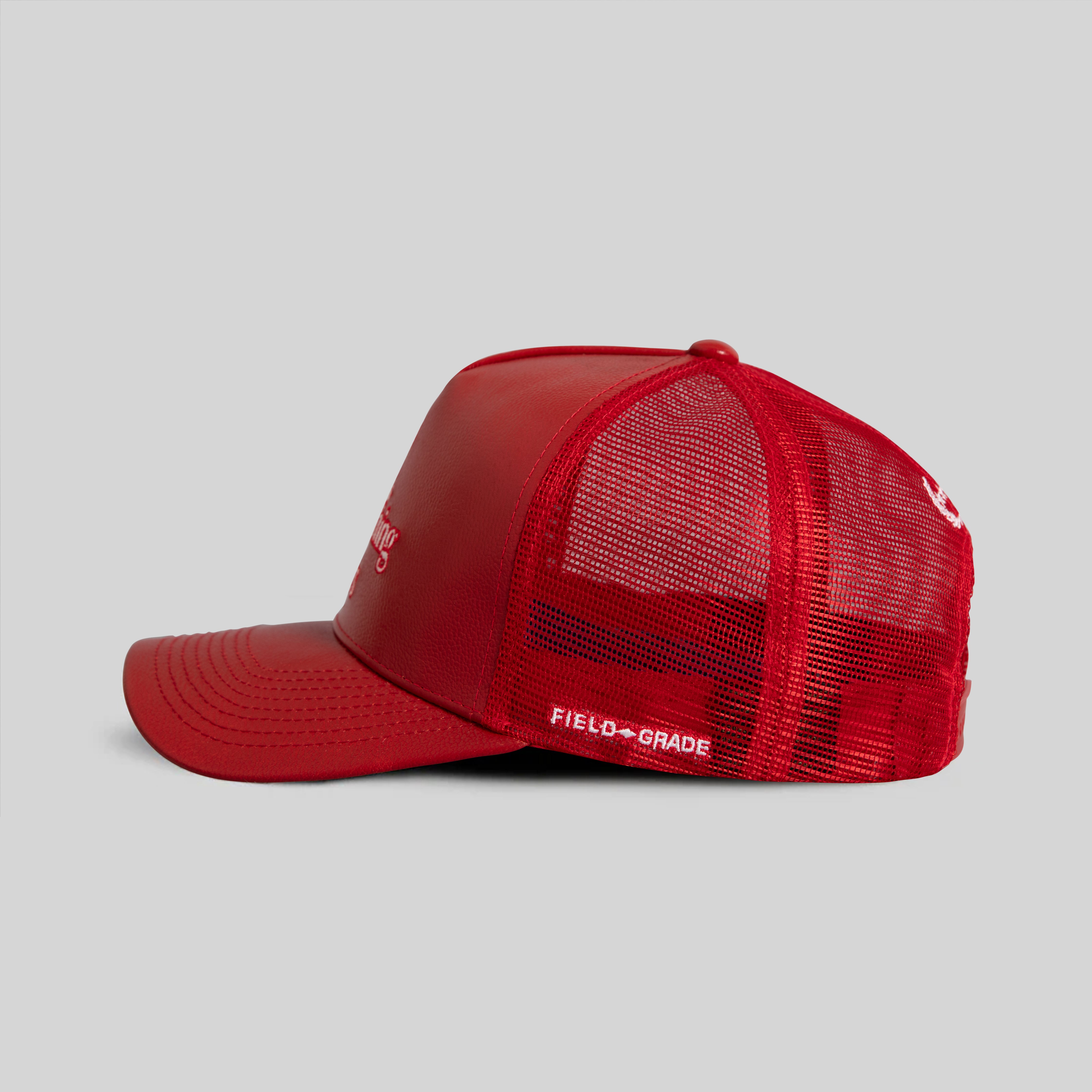 HENNYTHING GOES VARSITY RED CAVIAR LEATHER MESH TRUCKER