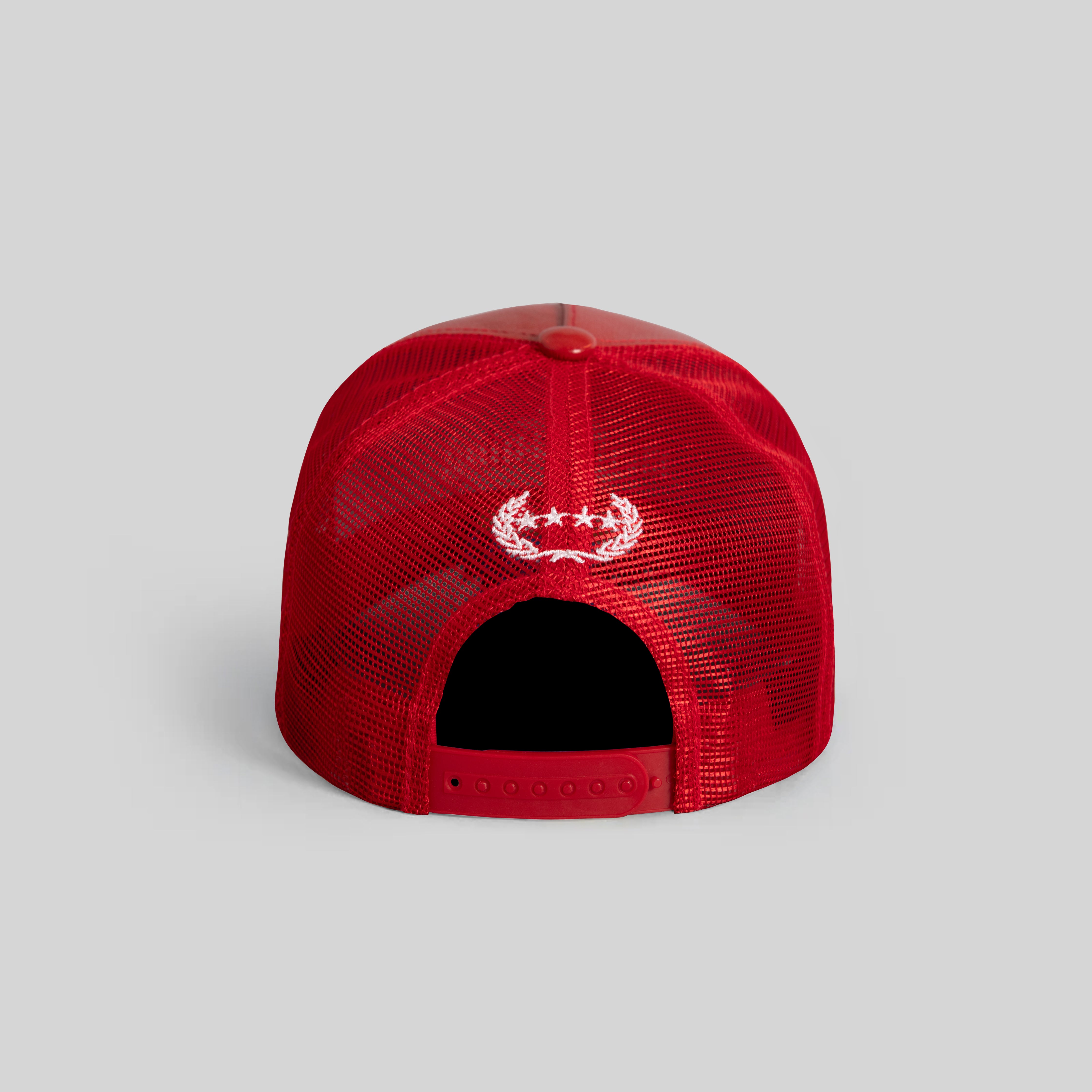 HENNYTHING GOES VARSITY RED CAVIAR LEATHER MESH TRUCKER