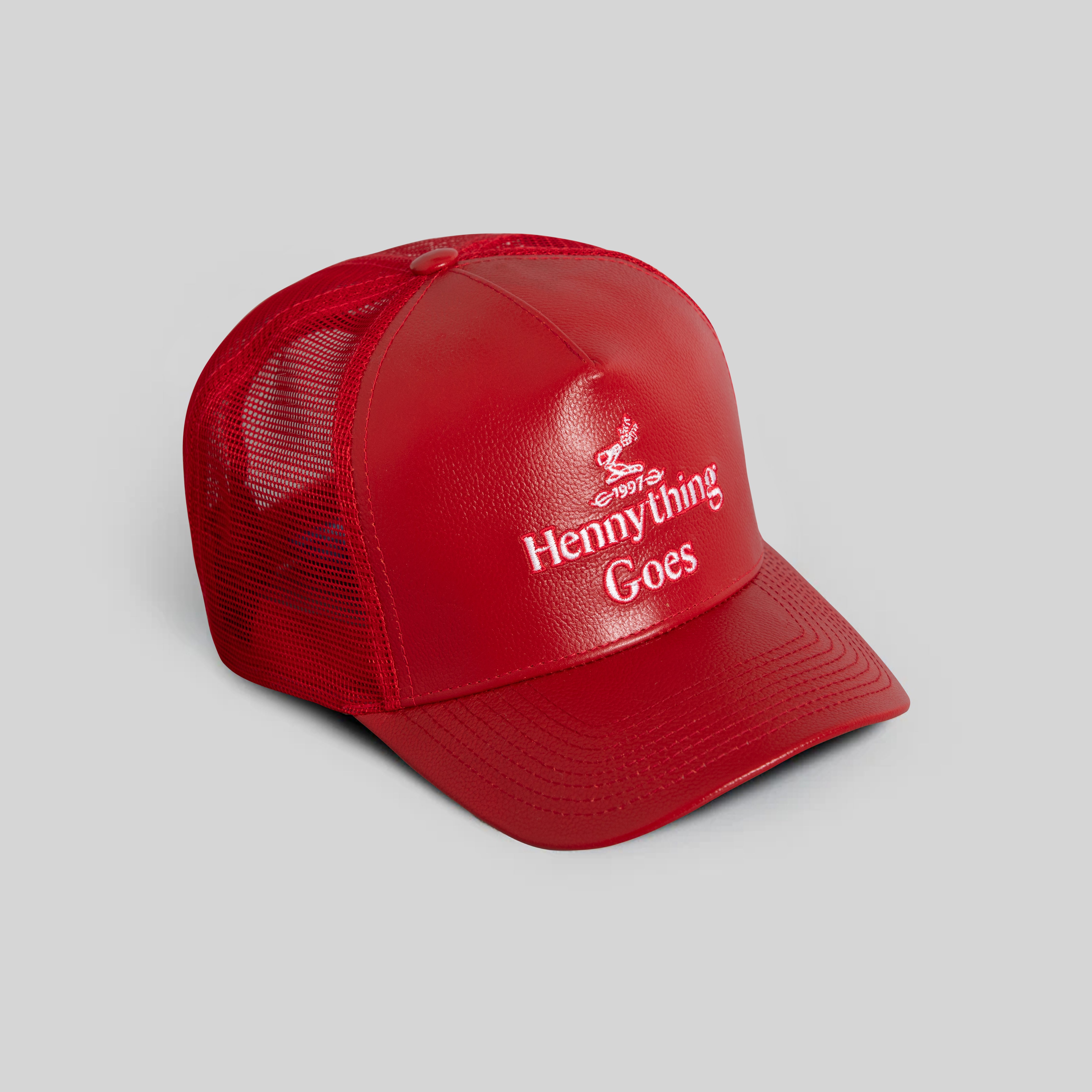 HENNYTHING GOES VARSITY RED CAVIAR LEATHER MESH TRUCKER