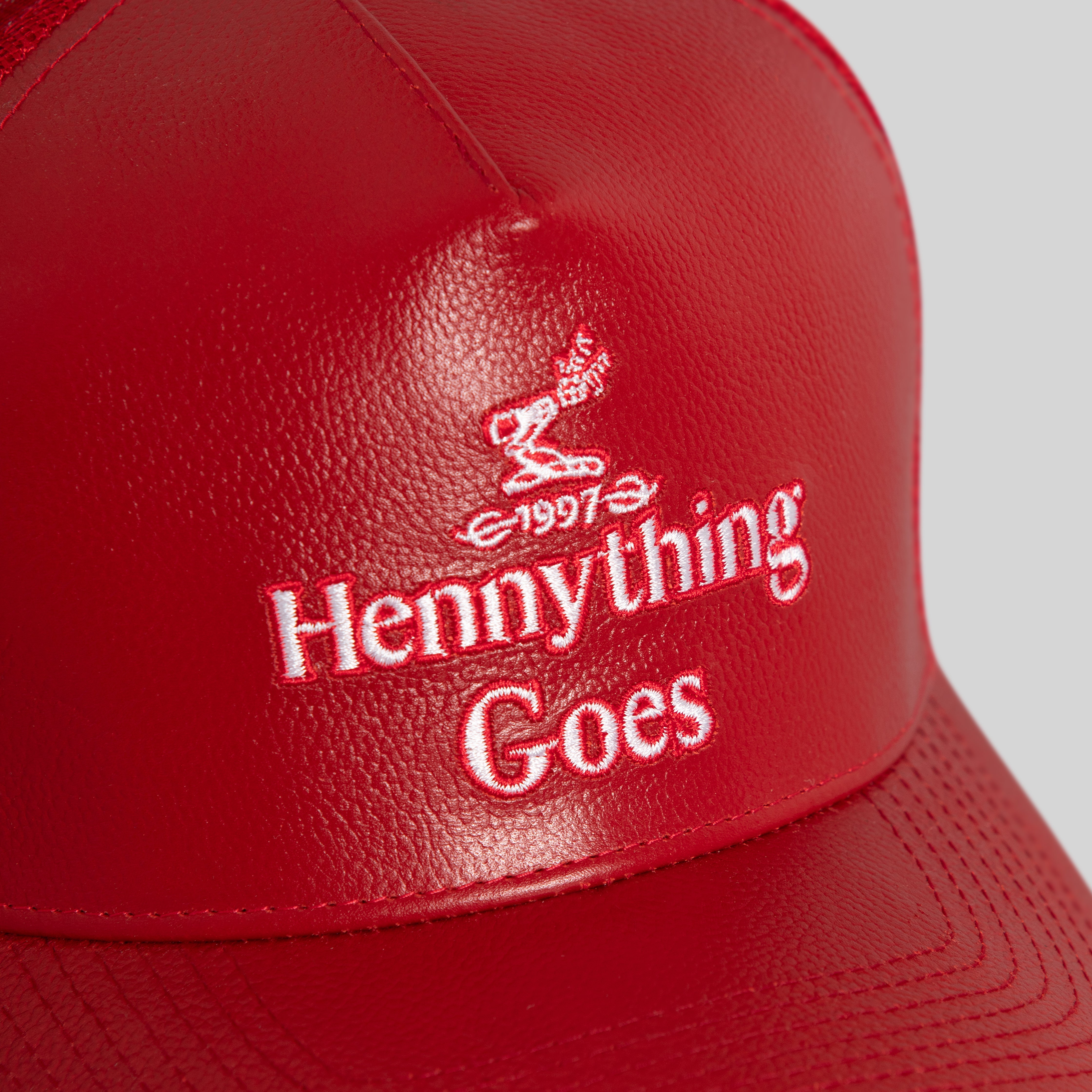 HENNYTHING GOES VARSITY RED CAVIAR LEATHER MESH TRUCKER