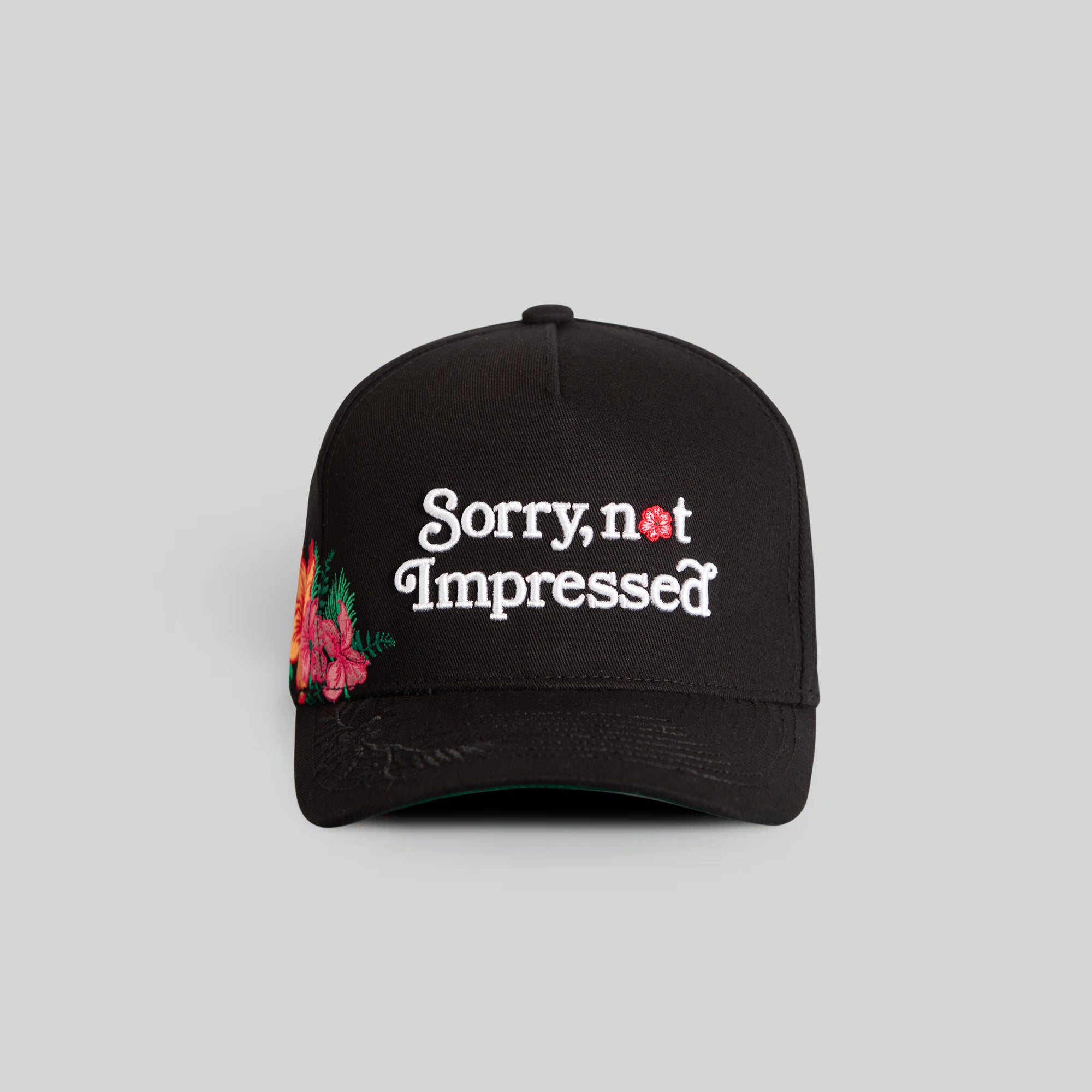 SORRY NOT IMPRESSED BLACK FLORAL TWILL TRUCKER