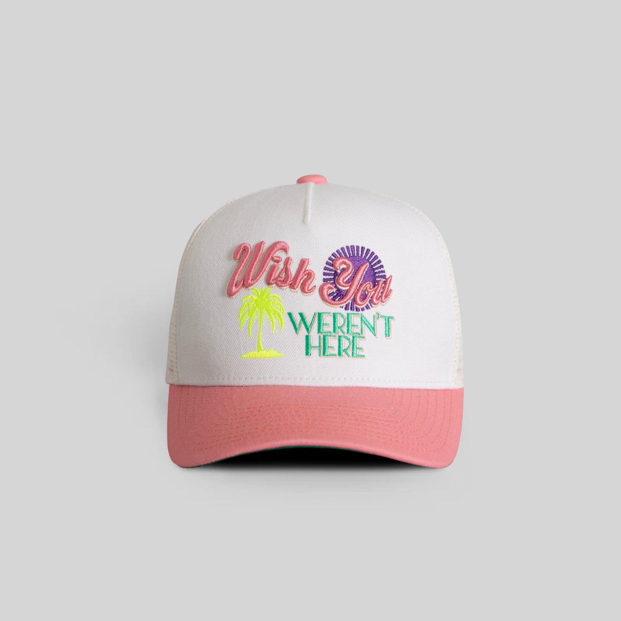 WISH YOU WEREN'T HERE OFF WHITE PINK MESH TRUCKER