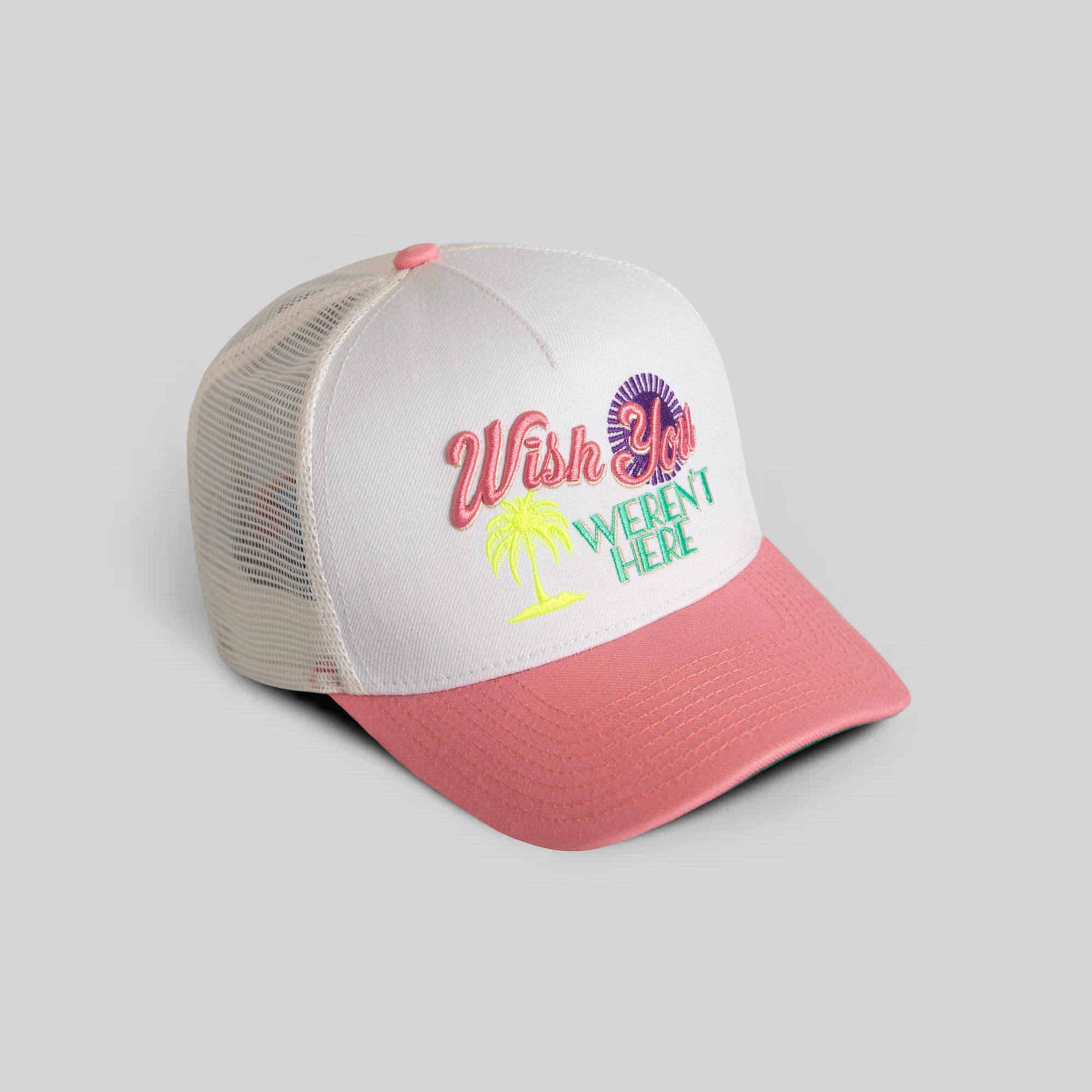 WISH YOU WEREN'T HERE OFF WHITE PINK MESH TRUCKER