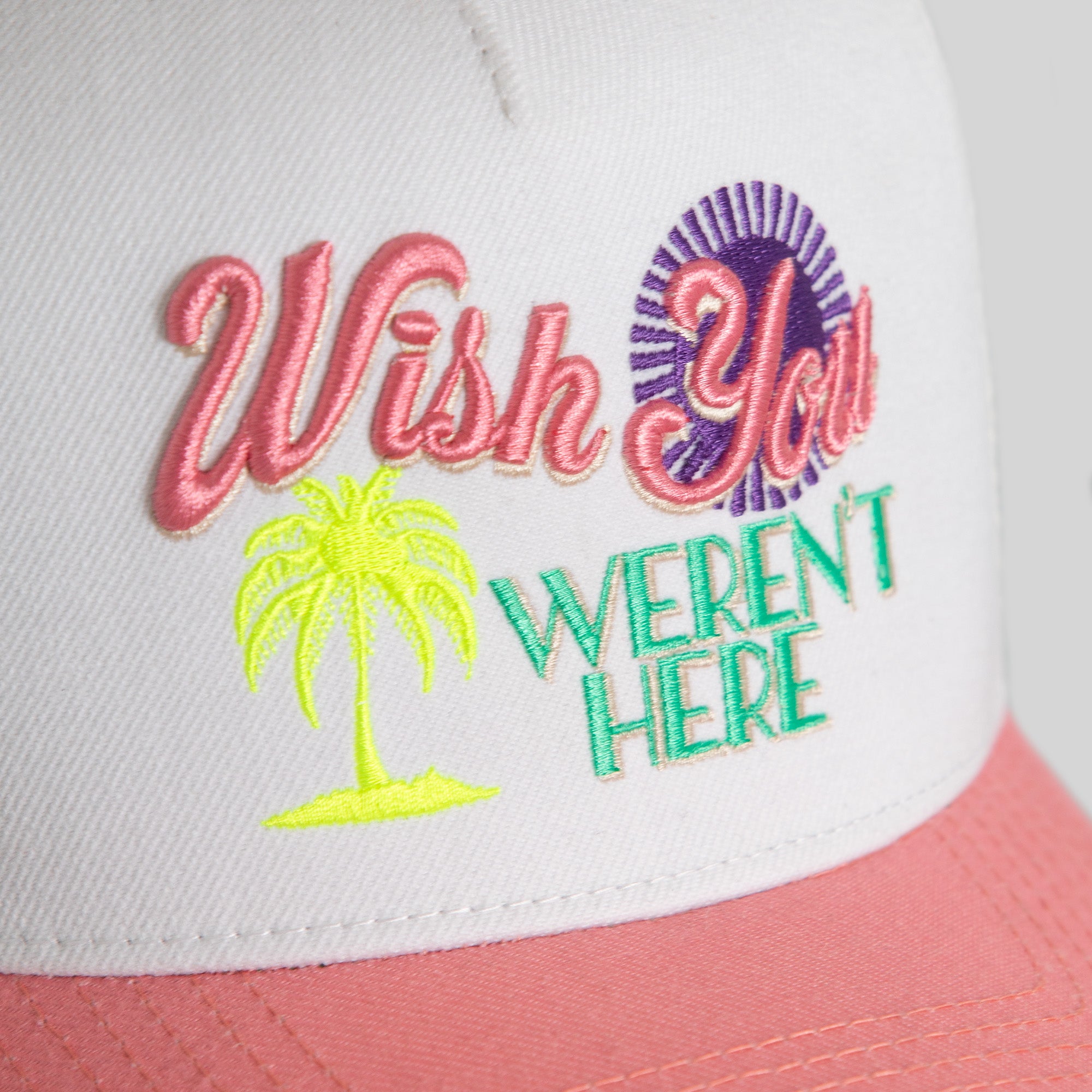 WISH YOU WEREN'T HERE OFF WHITE PINK MESH TRUCKER