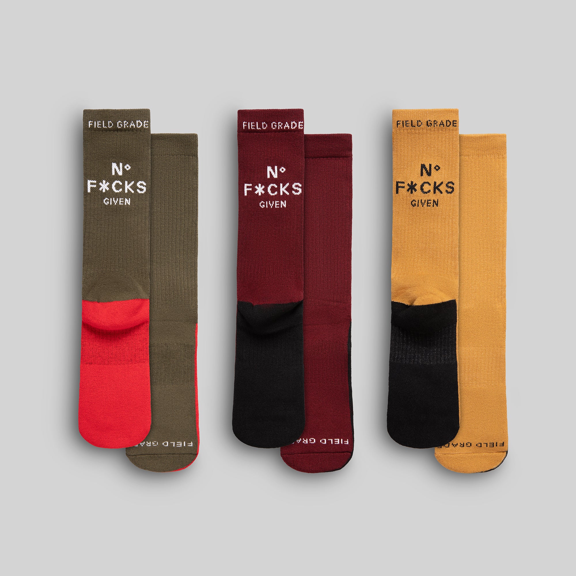 FIELD GRADE CUSHIONED CREW SOCKS - NO F*CKS GIVEN BORDEAUX/OLIVE/WHEAT PACK