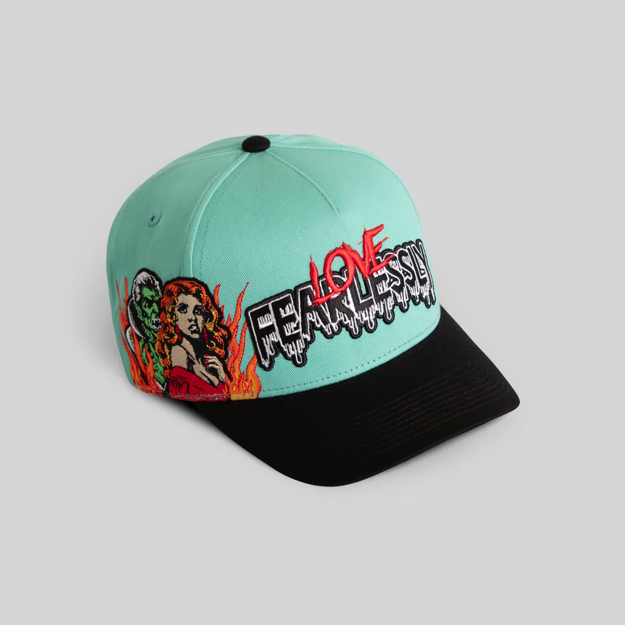 LOVE FEARLESSLY VAMPIRE MINT BLACK TWILL TRUCKER