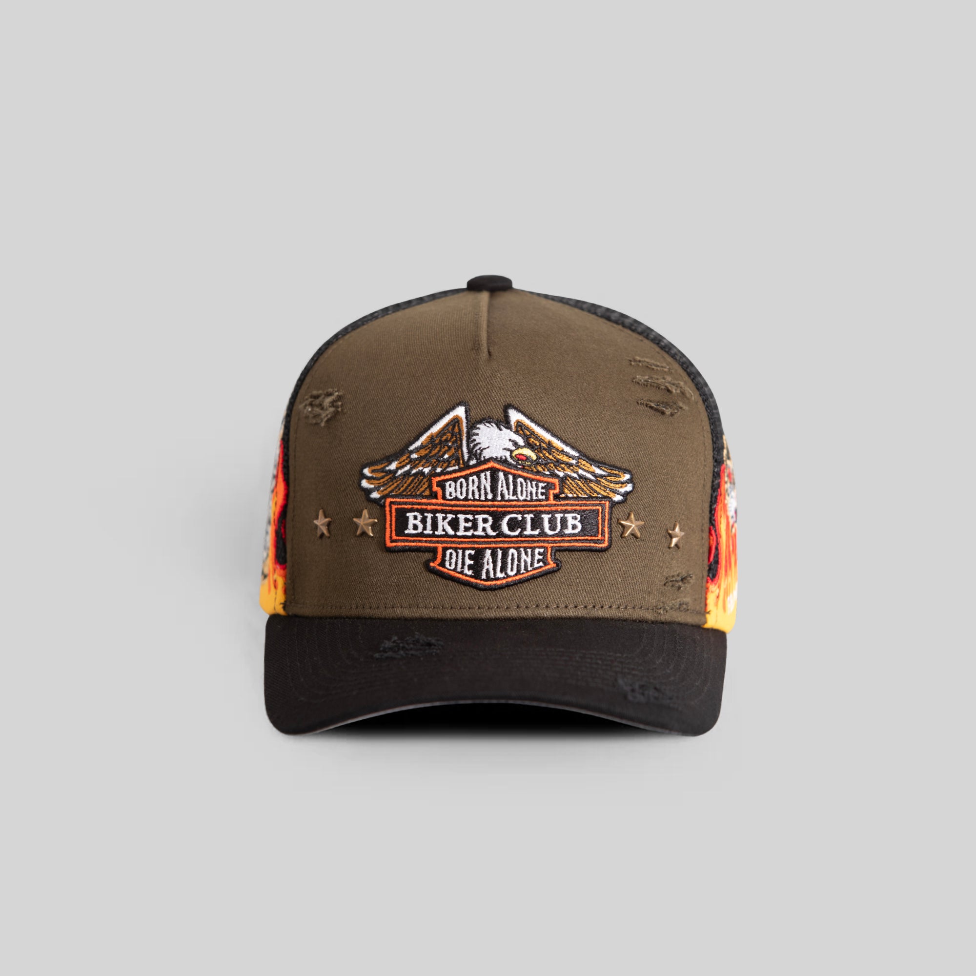 FINAL RIDE FLAMES OLIVE BLACK DISTRESSED TWILL MESH TRUCKER