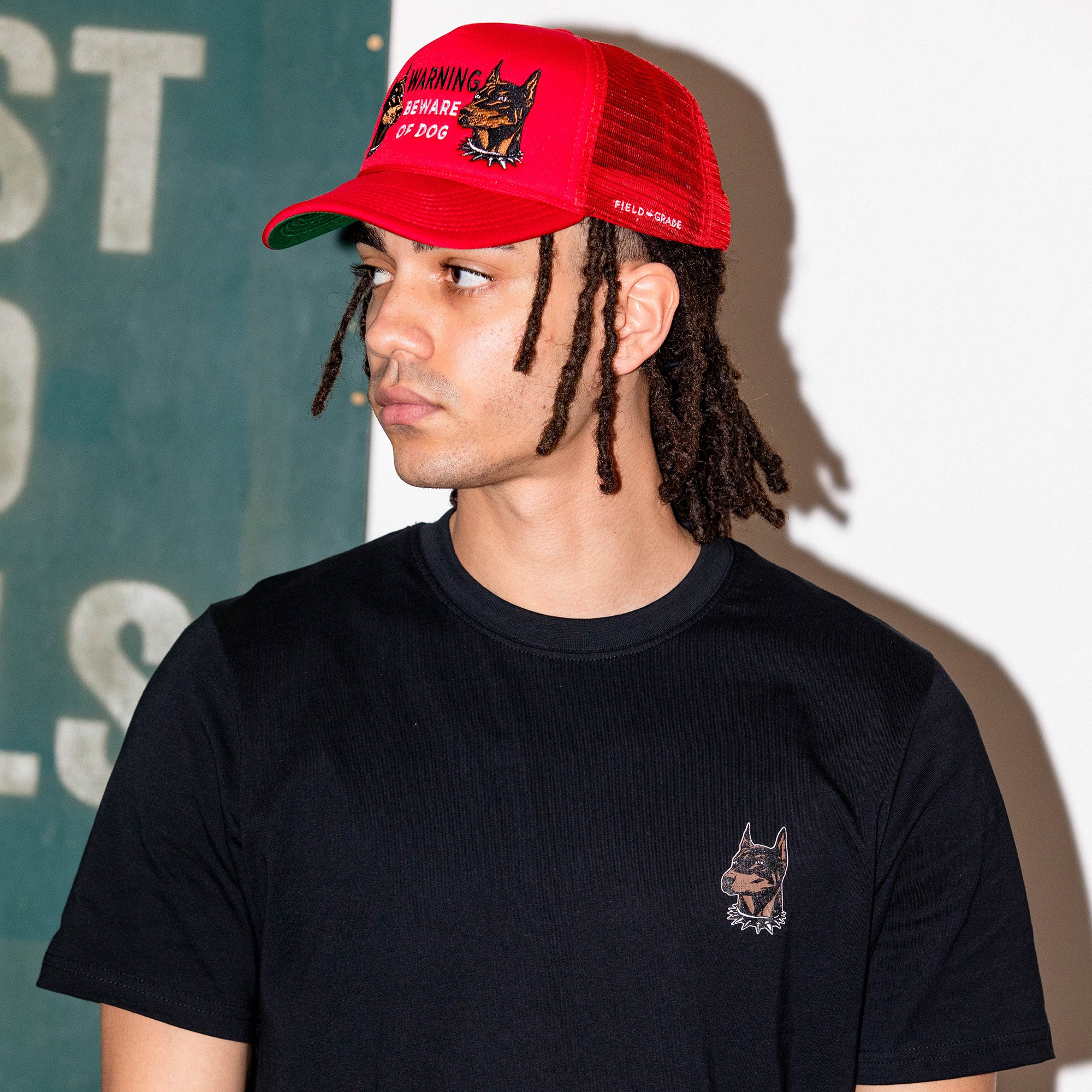 BEWARE OF DOG RED TRUCKER HAT