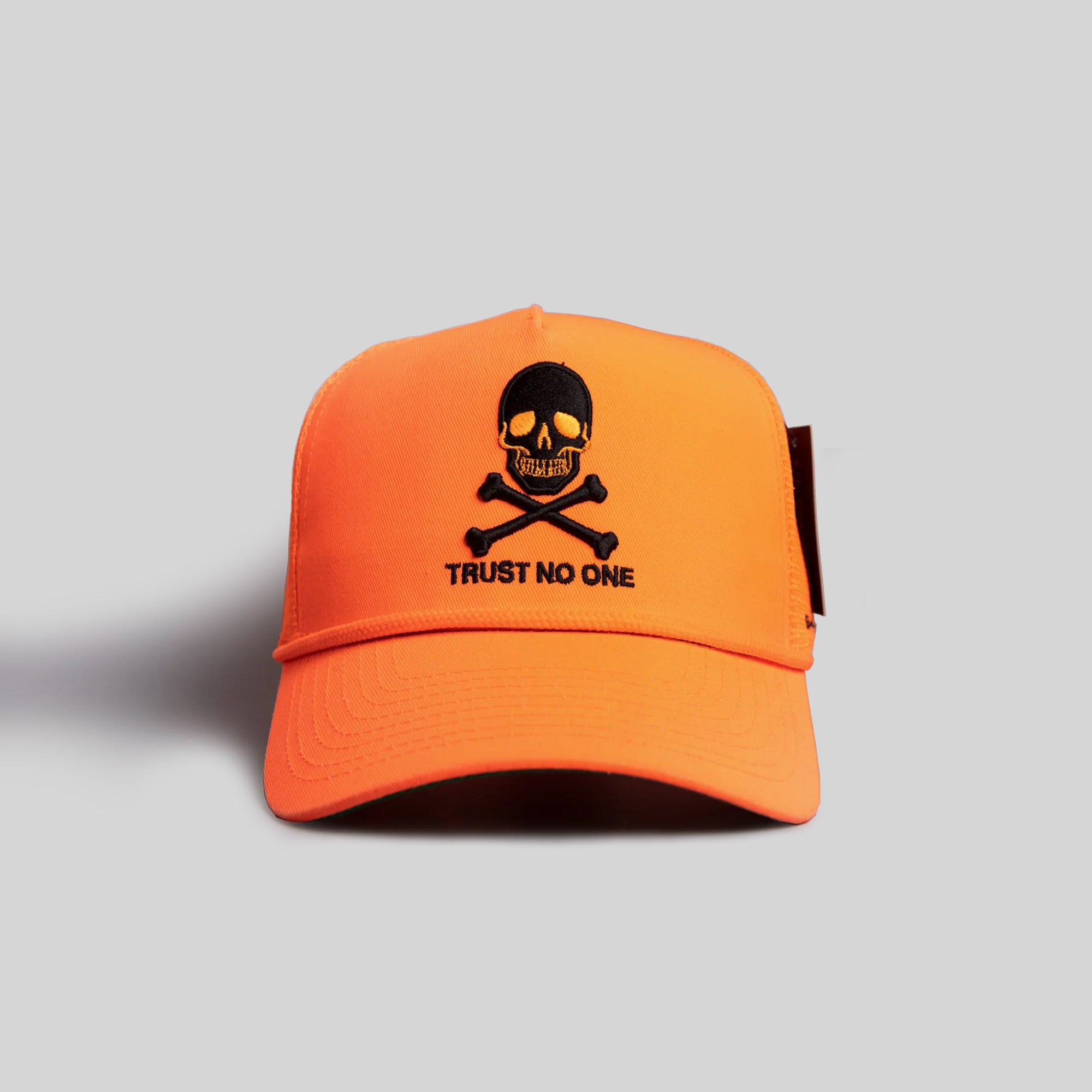 TRUST NO ONE BLAZE ORANGE TRUCKER HAT