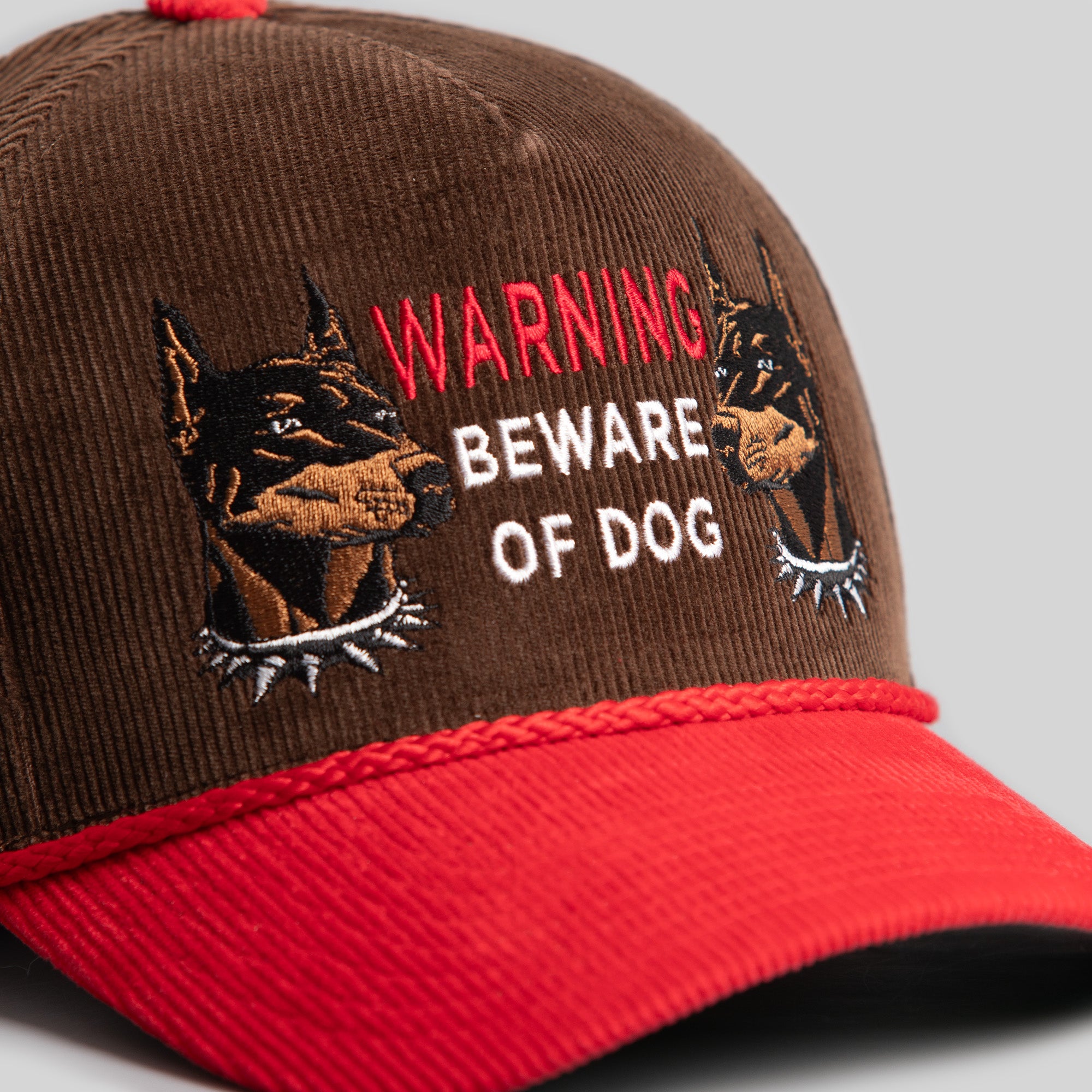BEWARE OF DOG MOCHA/RED CORDUROY TRUCKER HAT