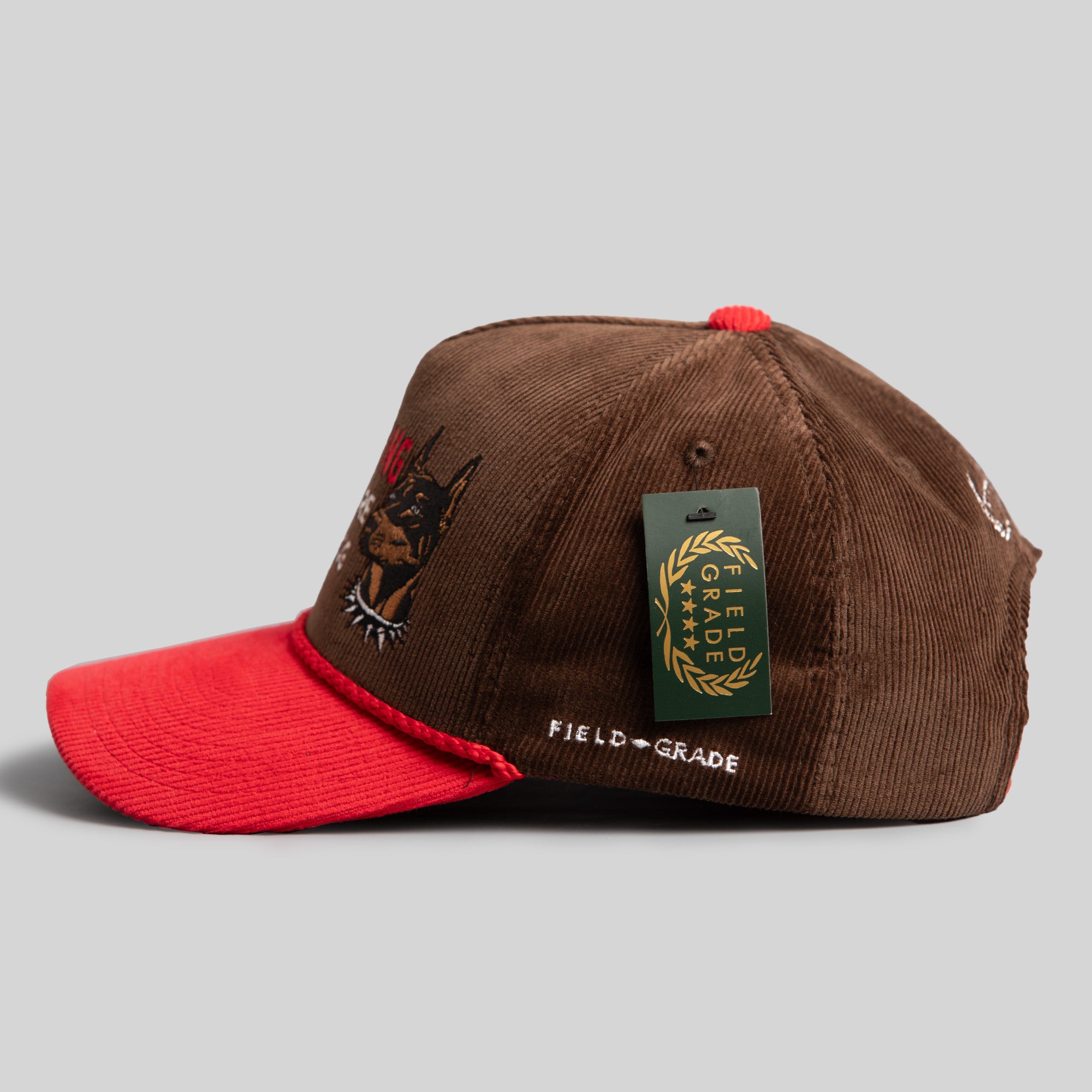 BEWARE OF DOG MOCHA/RED CORDUROY TRUCKER HAT