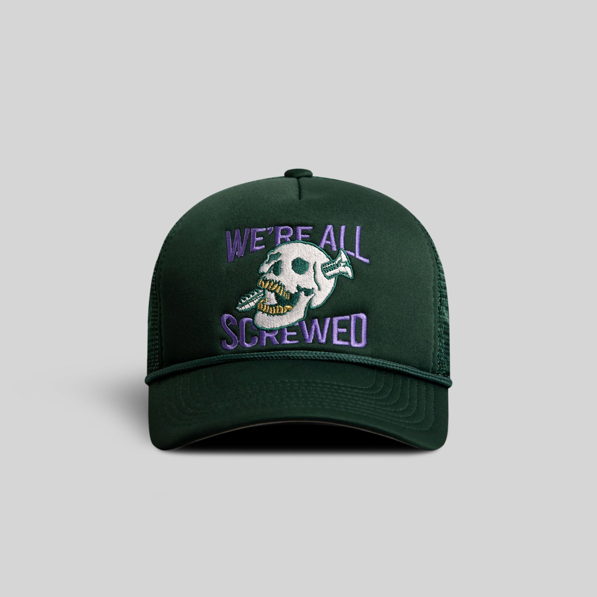 WE'RE ALL SCREWED FG GREEN TRUCKER HAT