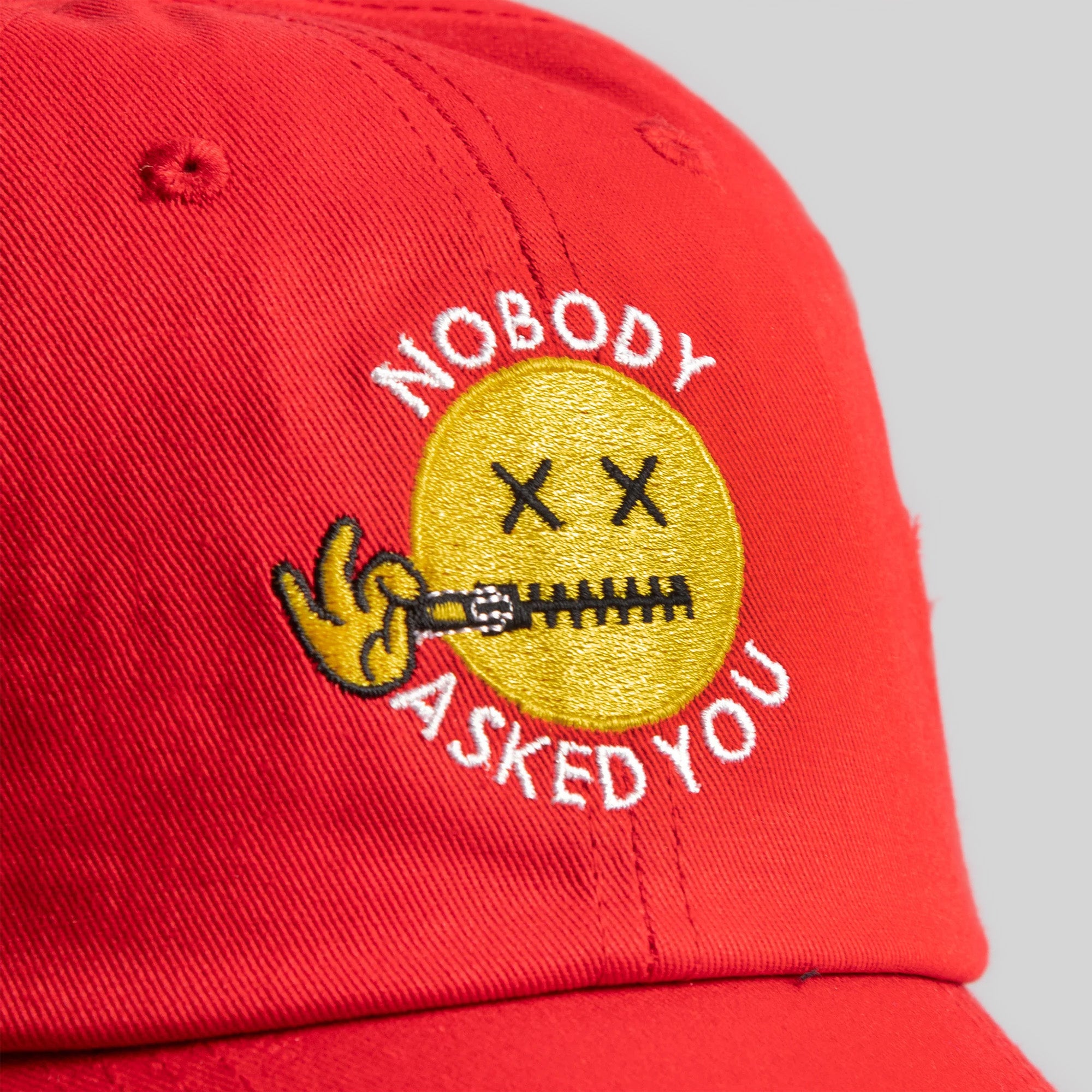 NOBODY ASKED YOU FIRE RED RELAXED FIT DISTRESSED HAT