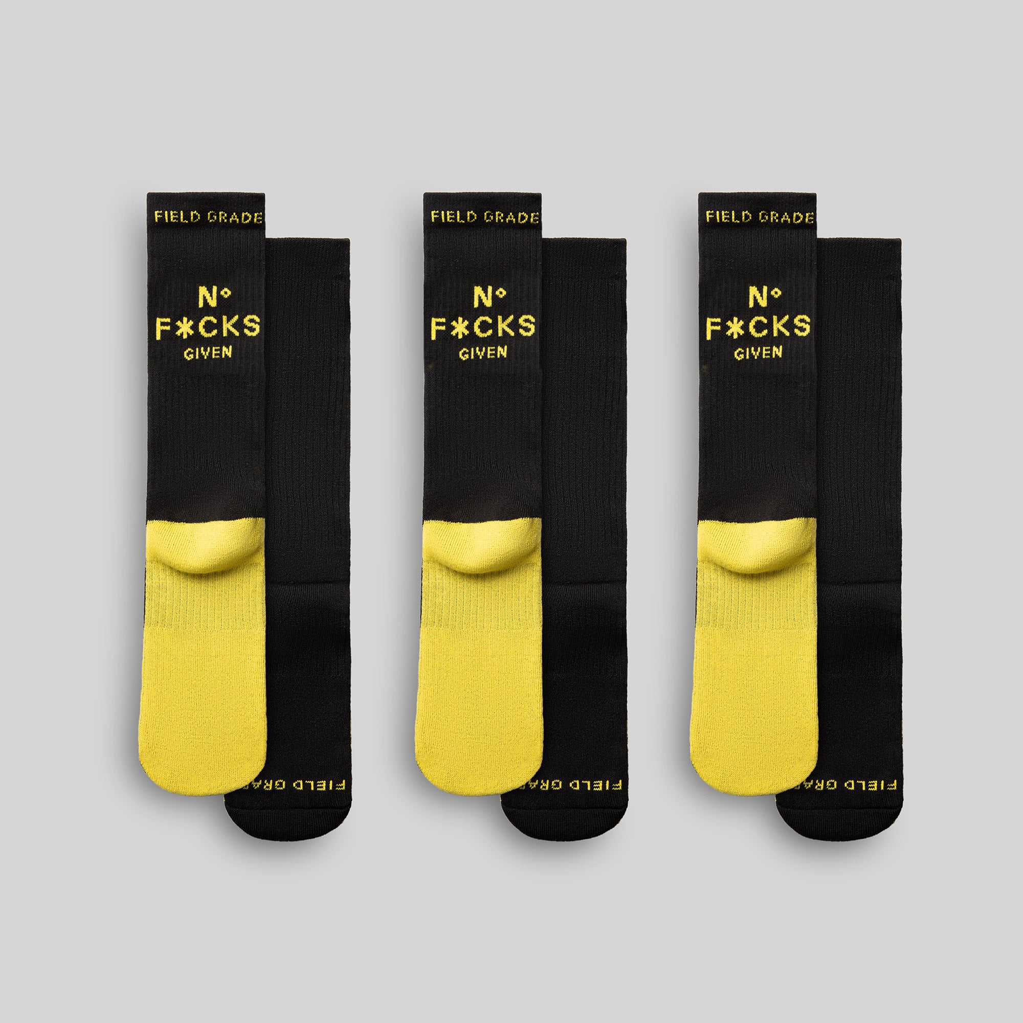 NO F*CKS GIVEN BLACK/YELLOW CUSHIONED CREW SOCK 3 PACK