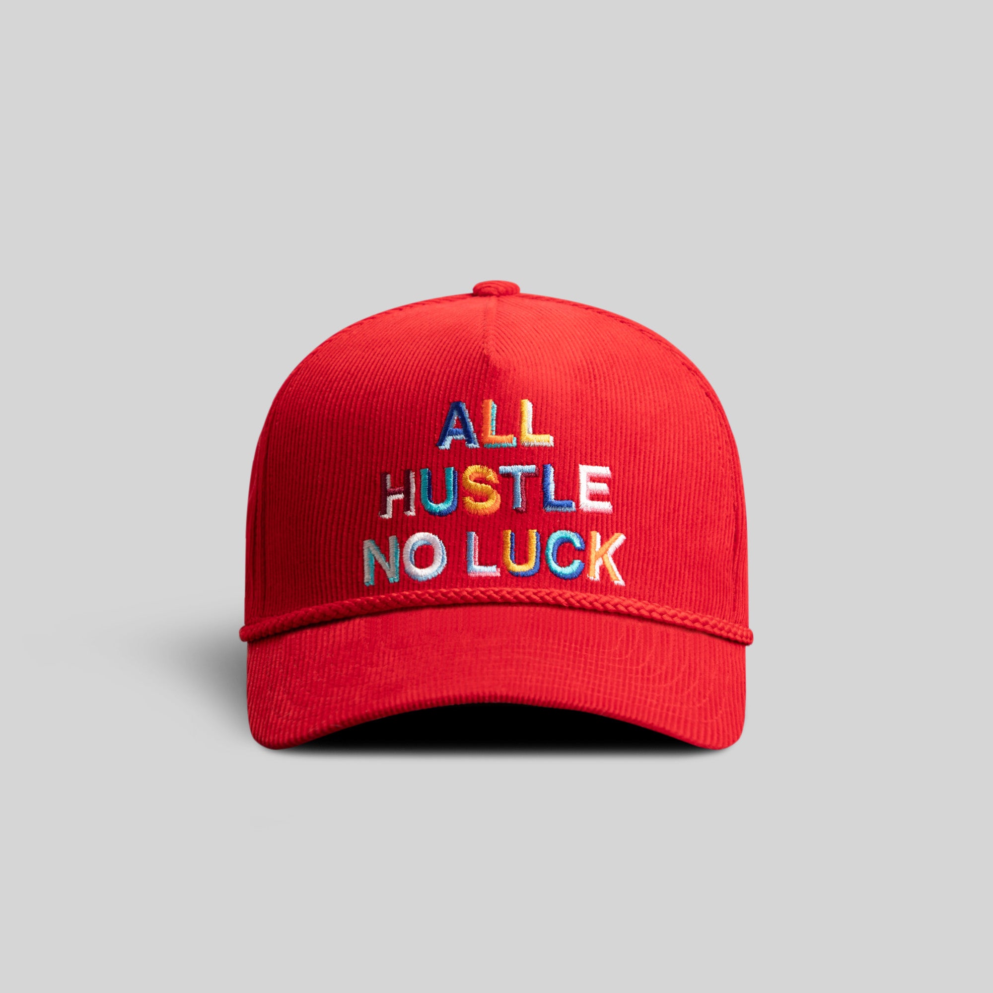 ALL HUSTLE NO LUCK RED CORDUROY TRUCKER HAT