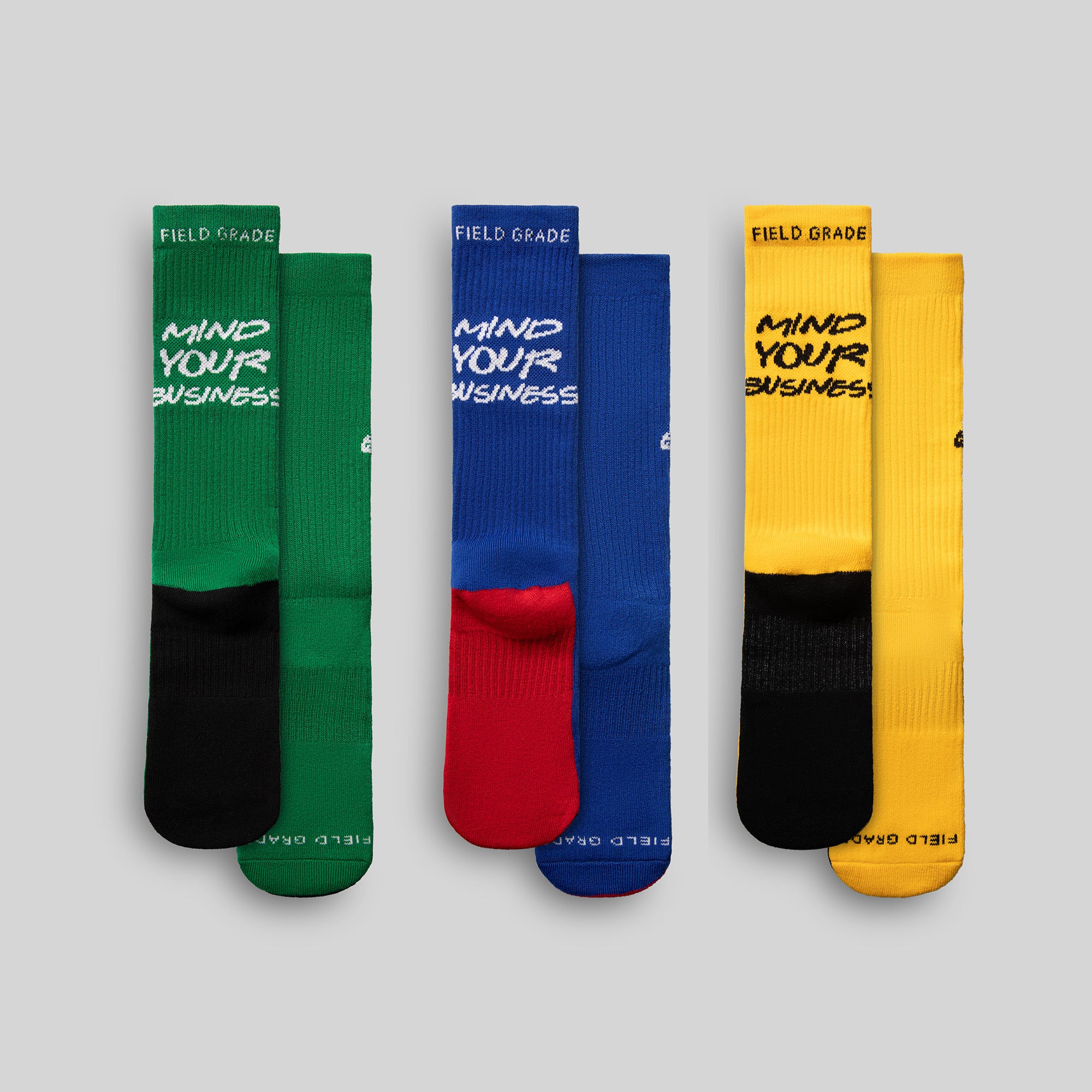 MIND YOUR BUSINESS GREEN/ROYAL/YELLOW CUSHIONED CREW SOCK 3 PACK